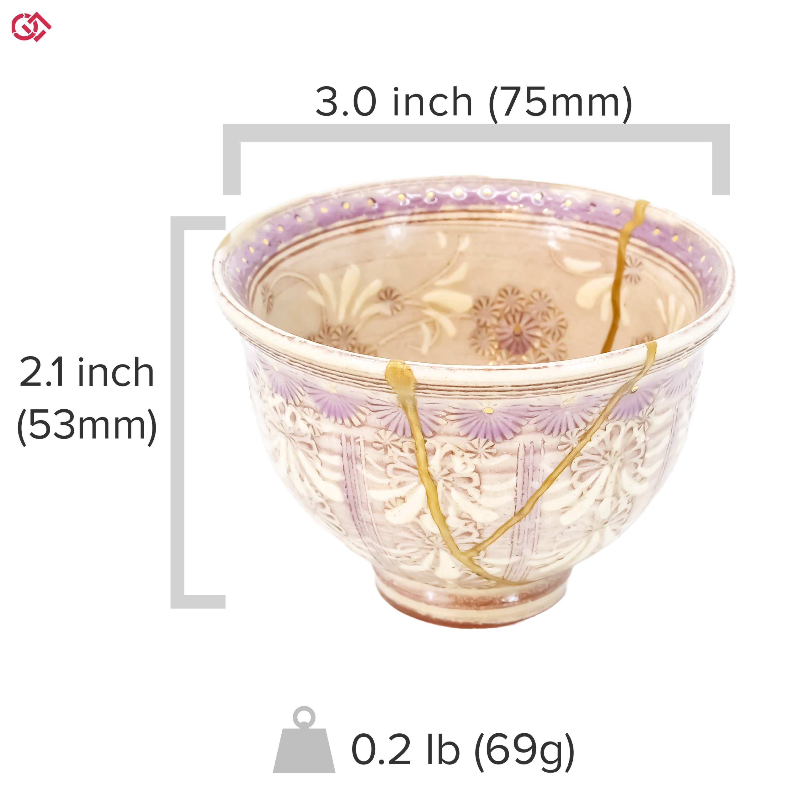 Photo of an authentic Kintsugi pottery piece with a text overlay indicating the size of the piece