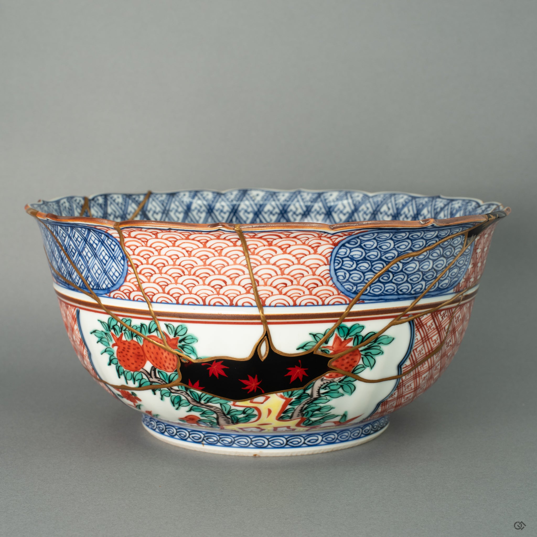 The monumental form of a Shonzui-patterned Kyoto ware bowl, resurrected over 6 months by a 40-year master artisan. This masterpiece fuses 24k gold, silver, and platinum Kintsugi with Maki-e, Urushi-e, and the rare art of Yobitsugi.