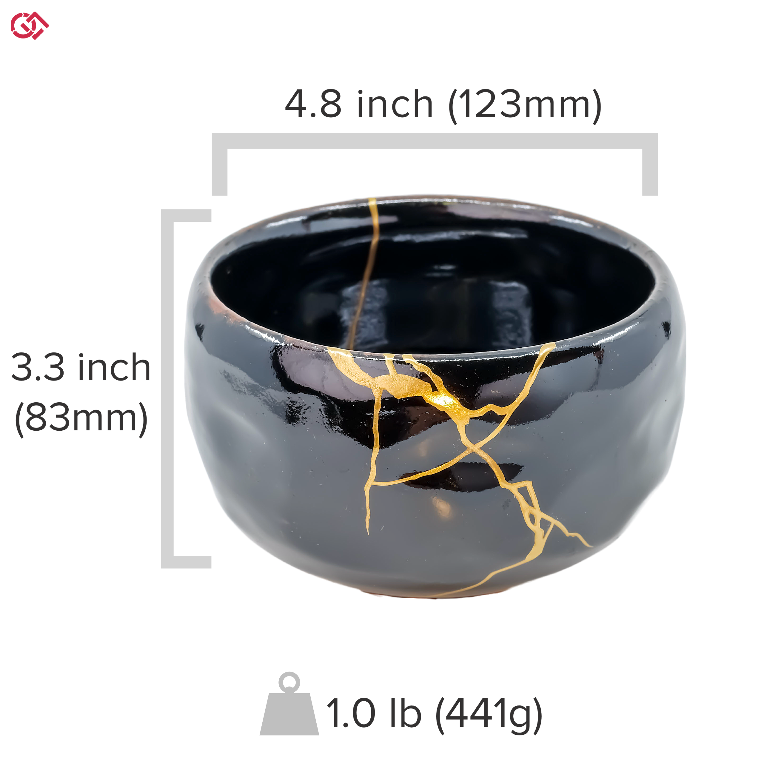 Photo of an authentic Kintsugi pottery piece with a text overlay indicating the size of the piece