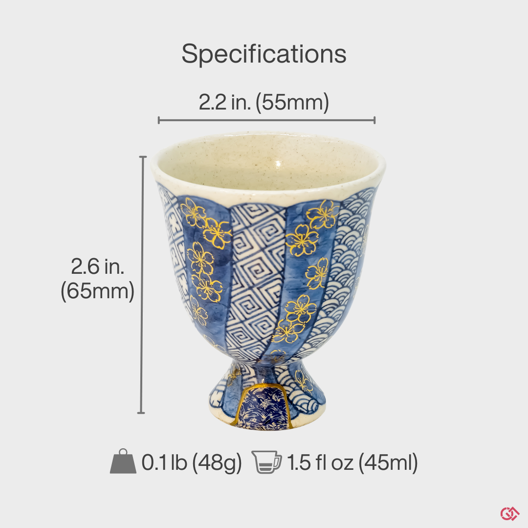 A precise technical diagram of the Kyoto ware Kintsugi cup, with clear annotations for its exact height, diameter, and weight. This guide ensures a confident purchase by providing the vessel's accurate scale.