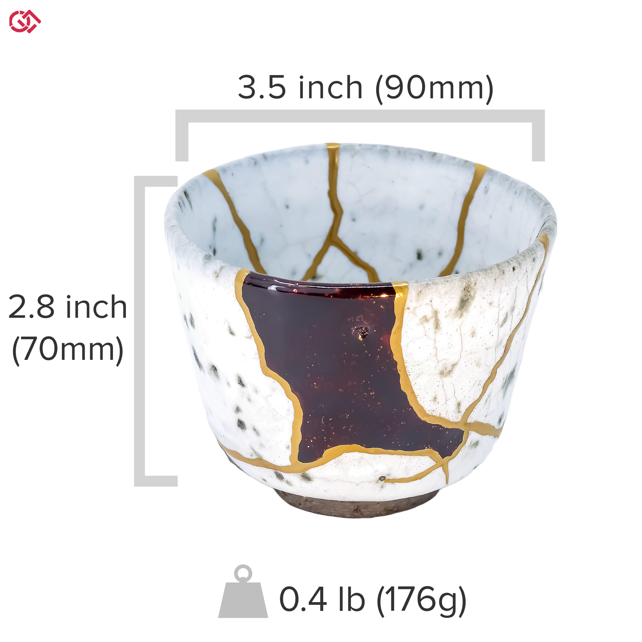 Photo of an authentic Kintsugi pottery piece with a text overlay indicating the size of the piece