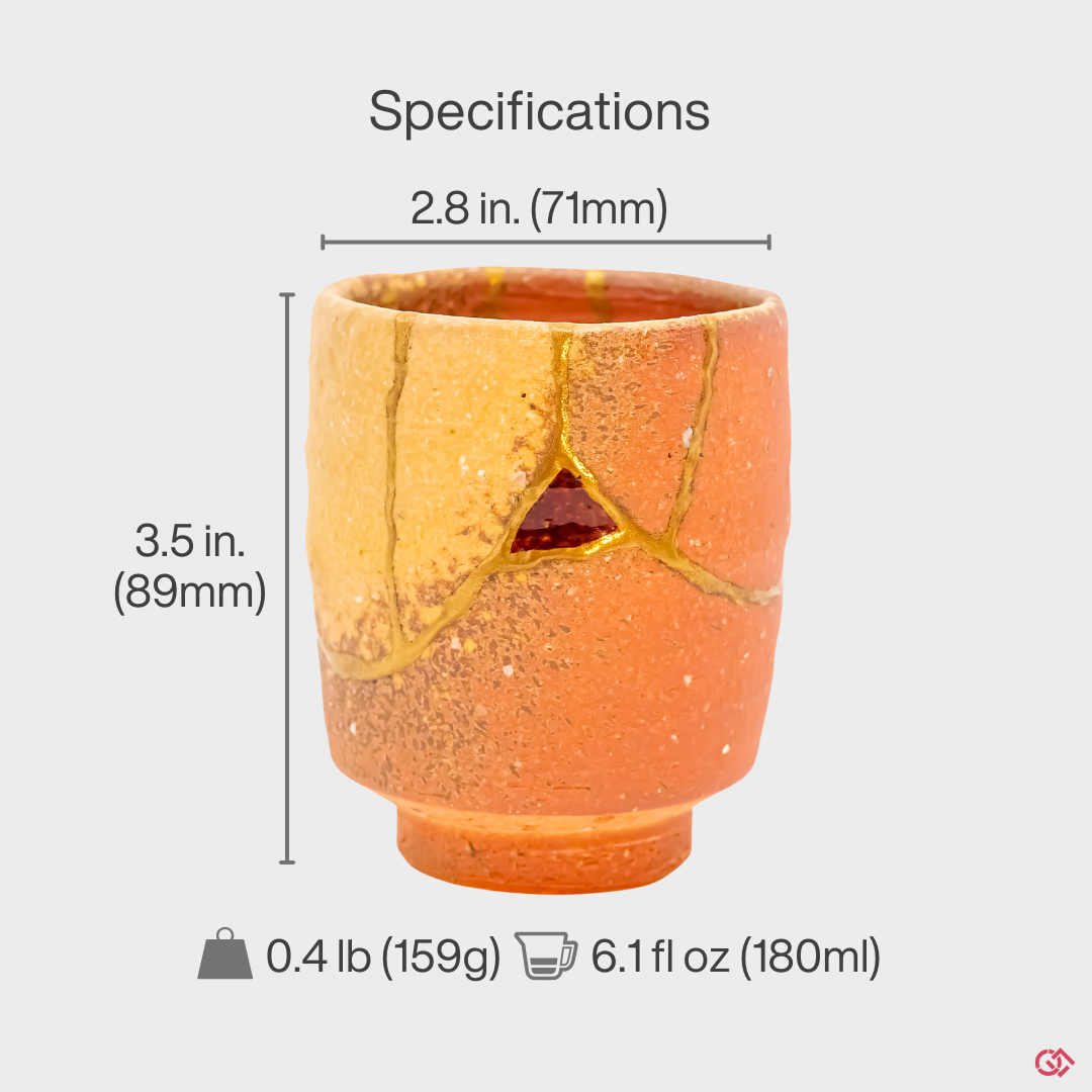 A precise technical diagram of the Kintsugi teacup, with clear annotations for its exact height, diameter, and weight. This guide provides an accurate understanding of the vessel's scale for a confident purchase.