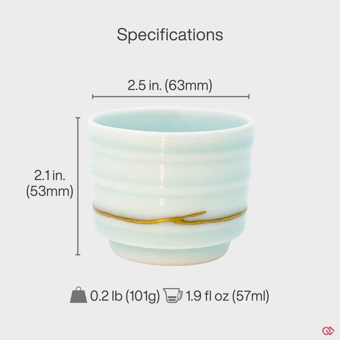A precise technical diagram of the Kintsugi pottery, with clear annotations for its exact height, diameter, and weight. This guide ensures a confident purchase by providing the vessel's accurate scale and proportions.