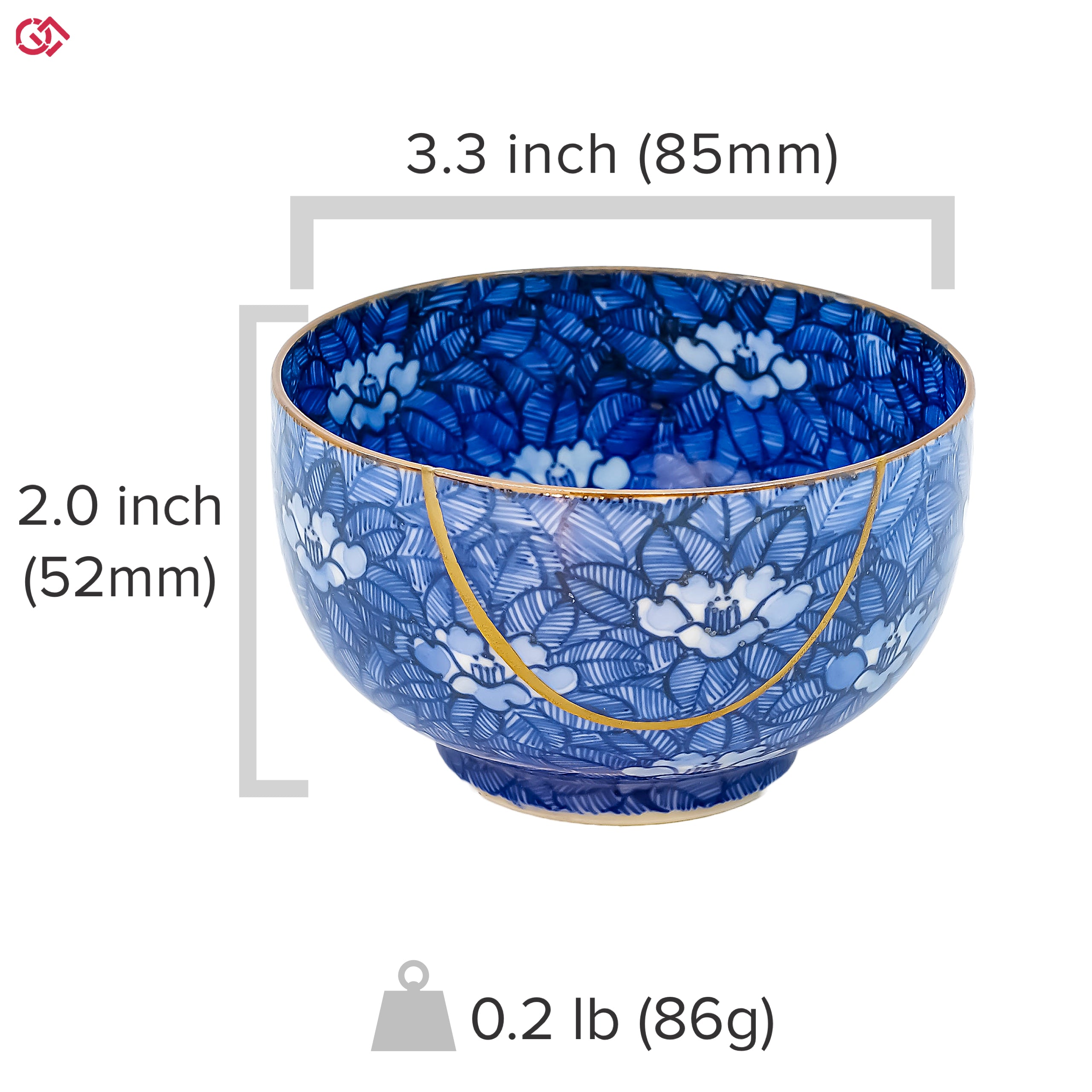 Photo of an authentic Kintsugi pottery with a text overlay indicating the size of the piece.