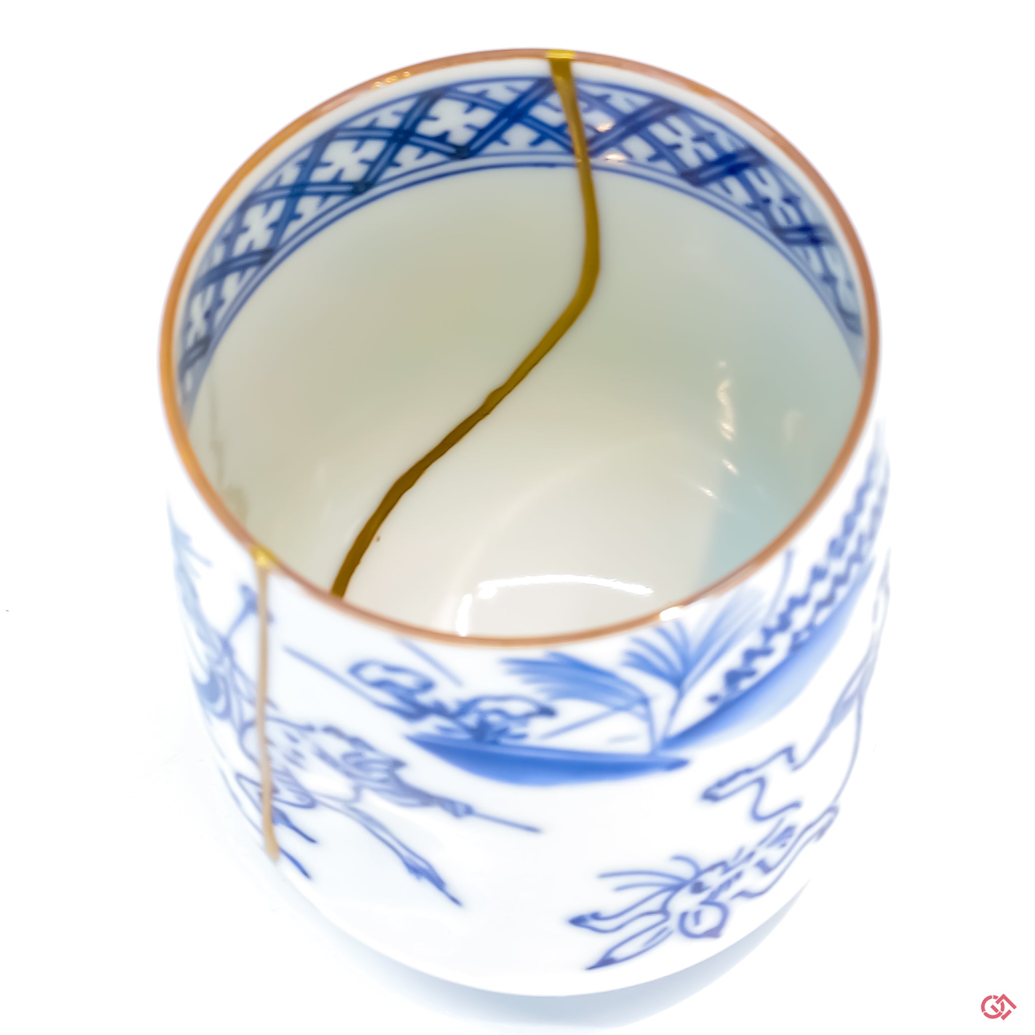 Close-up photo of an authentic Kintsugi pottery, showing the detail of its repairs and craftsmanship