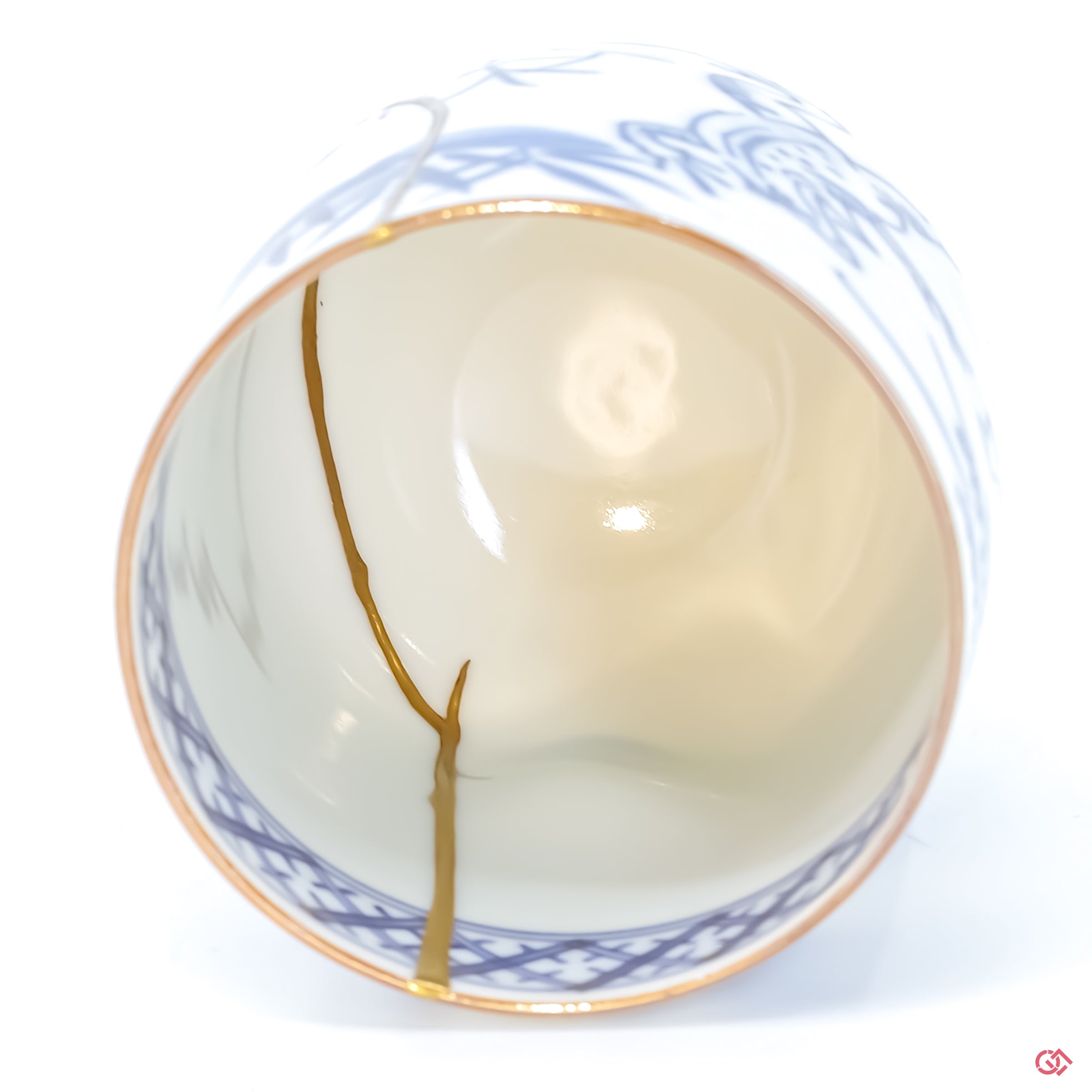 Close-up photo of an authentic Kintsugi pottery, showing the detail of its repairs and craftsmanship