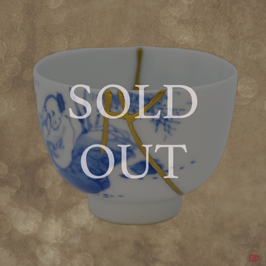 Sold Out! This handcrafted Kintsugi piece from Japan, featuring stunning gold repair on blue and white porcelain, has found a home. Find your own unique Kintsugi art – shop our available collection!