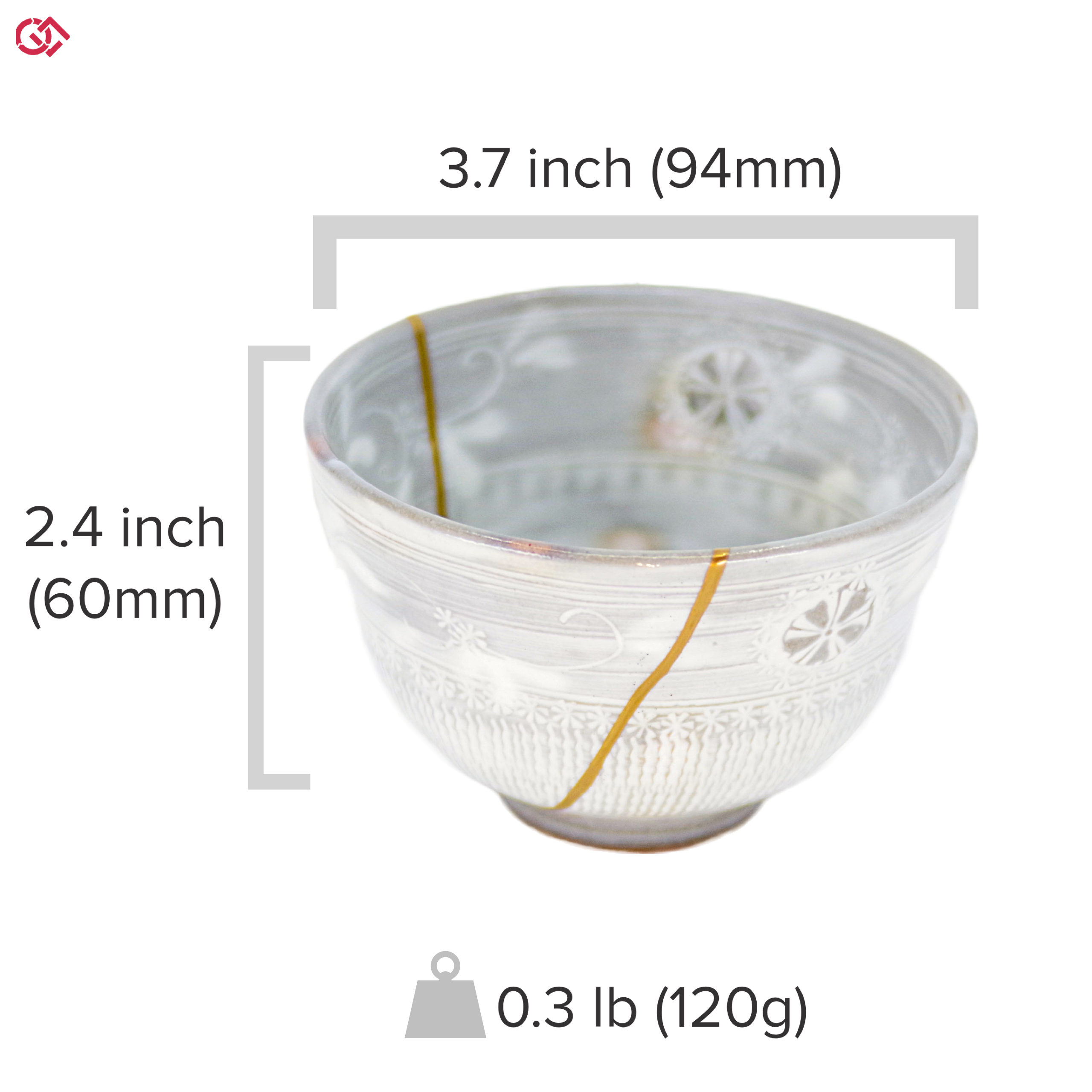 Authentic Kintsugi pottery with sizes indicated