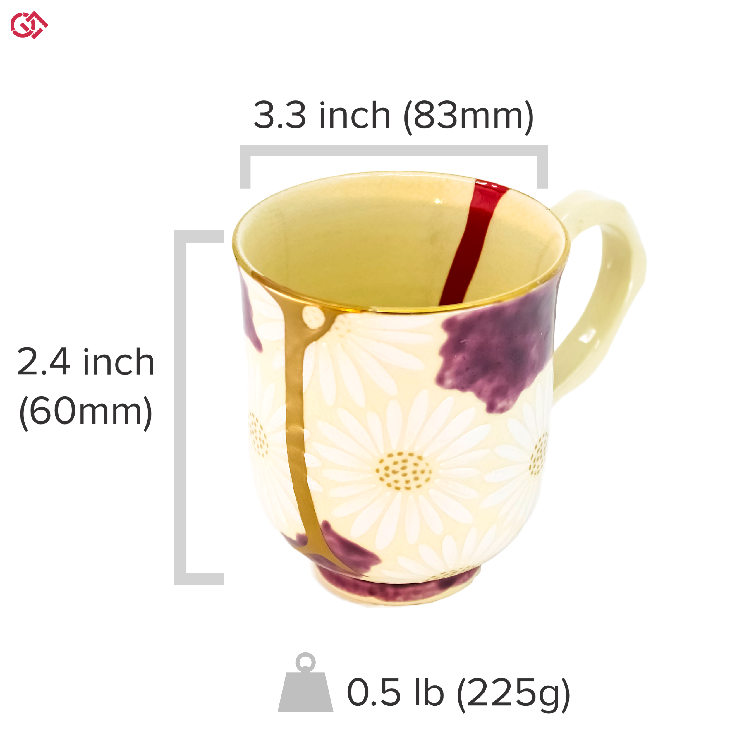 Authentic Kintsugi pottery with sizes indicated