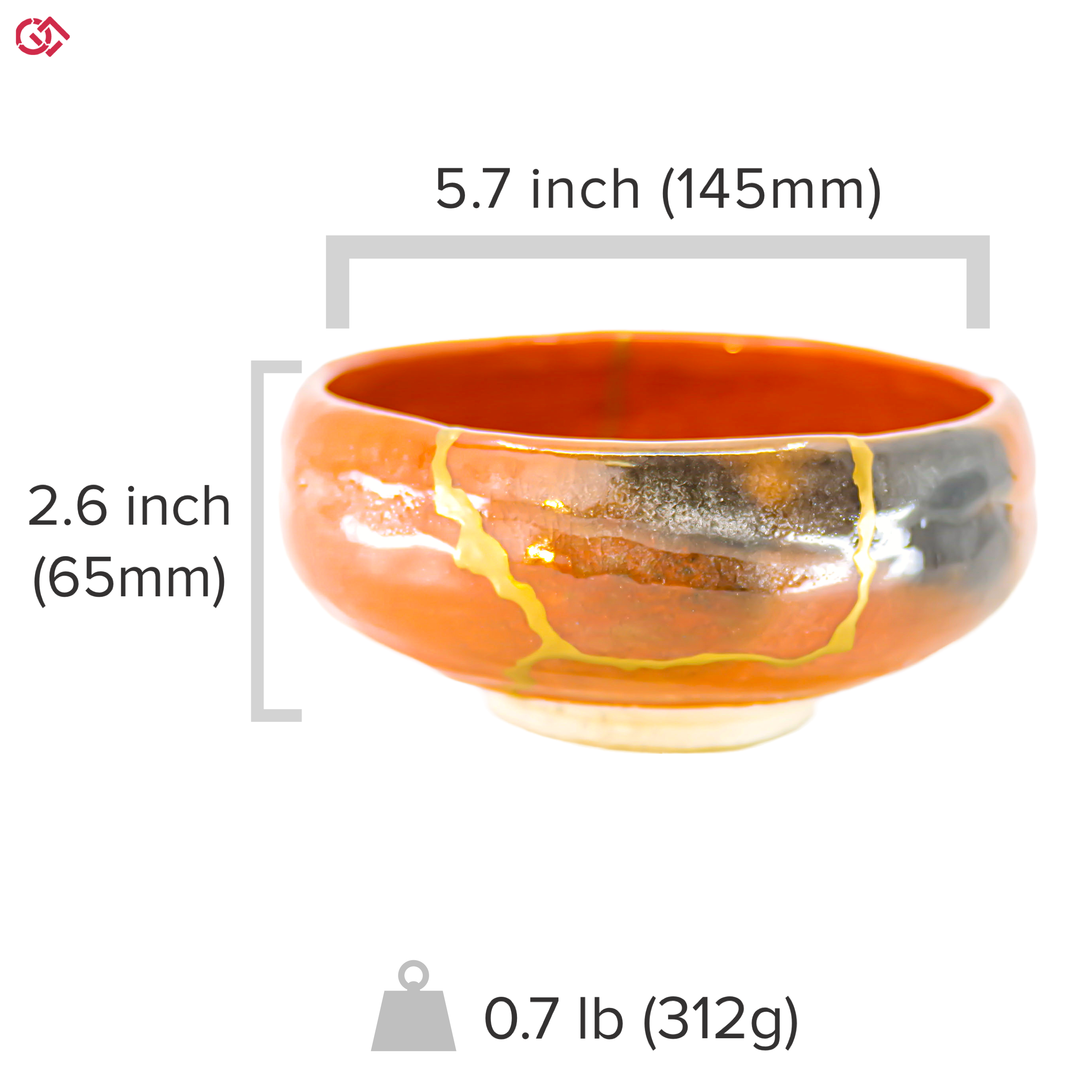 Authentic Kintsugi pottery with sizes indicated