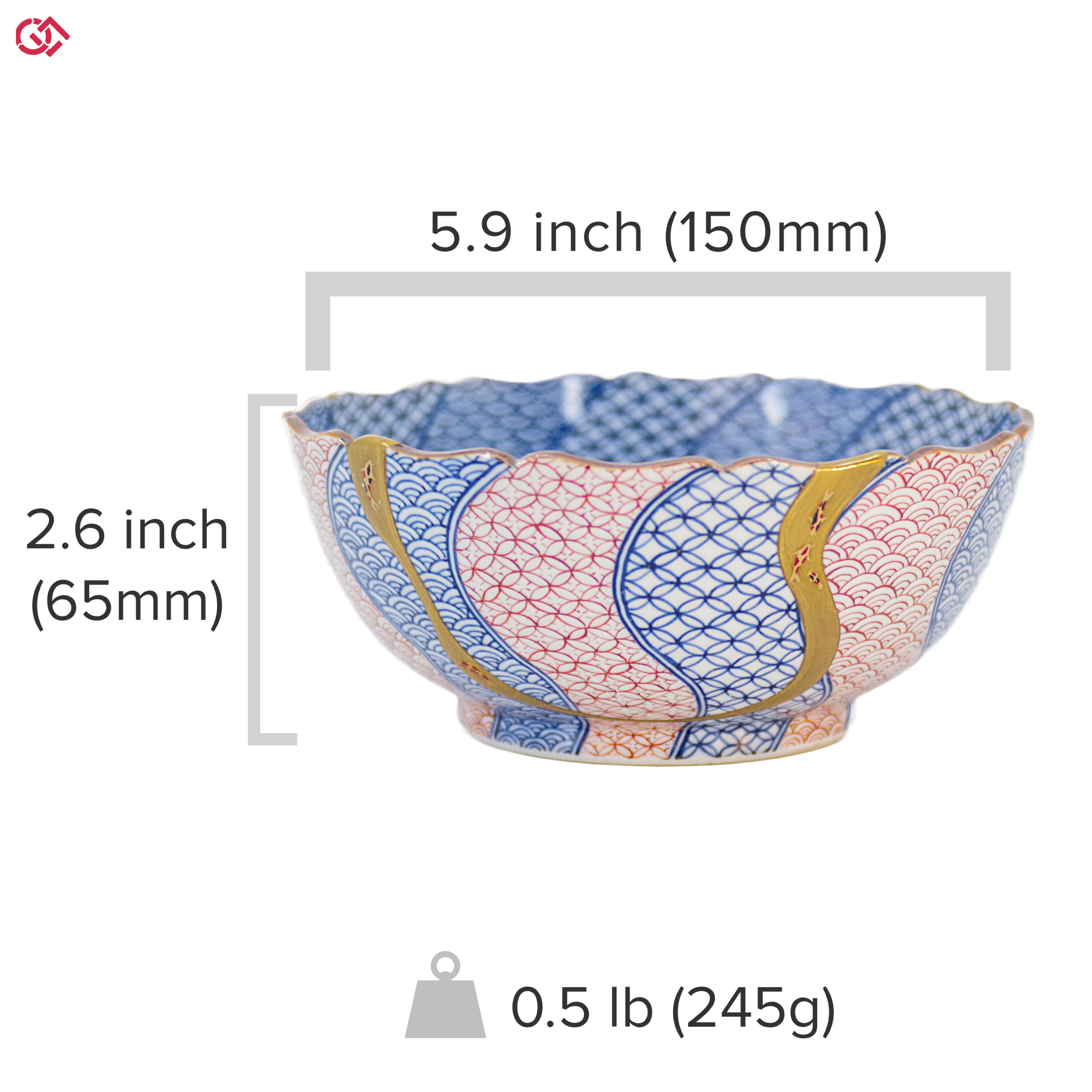 Authentic Kintsugi pottery with sizes indicated
