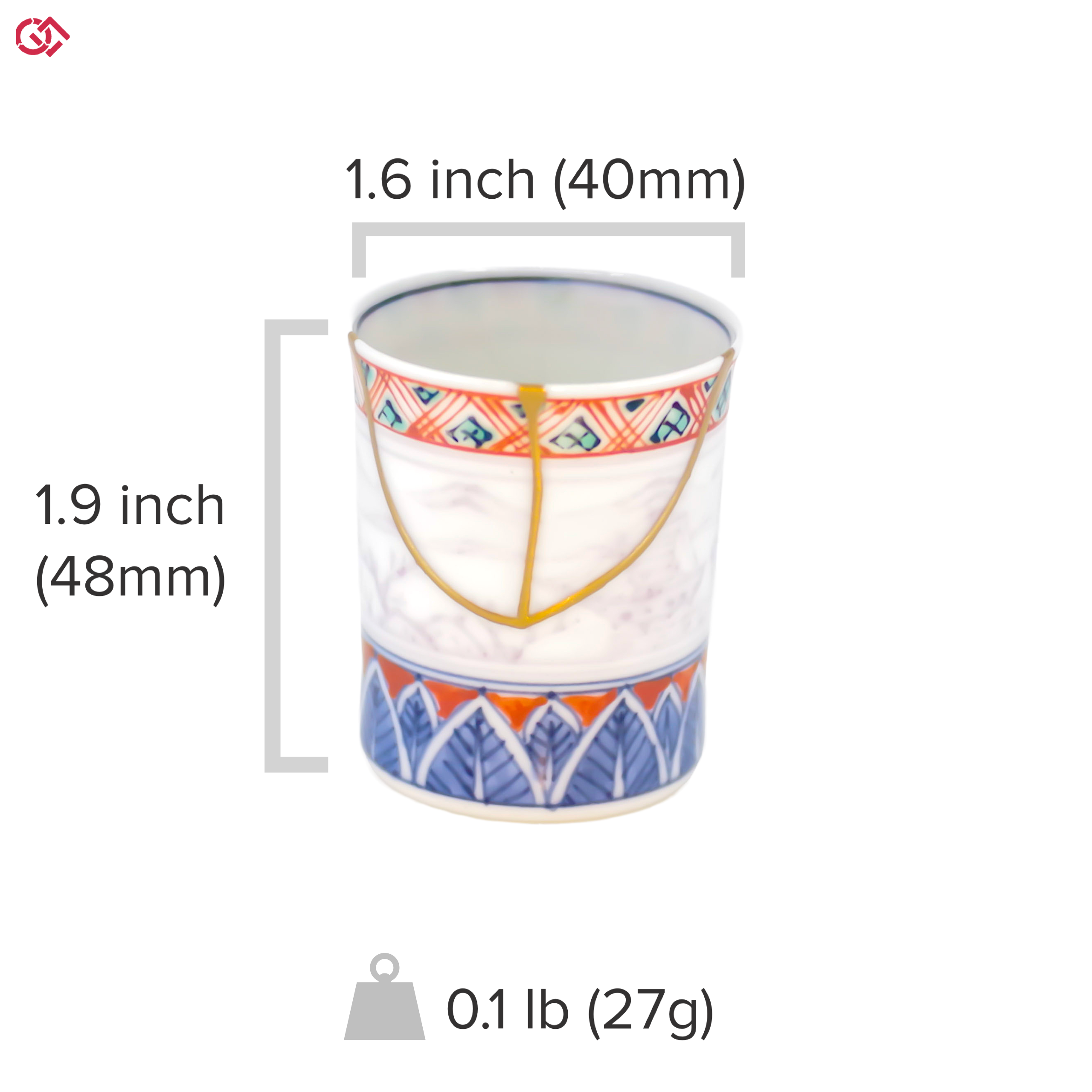 Authentic Kintsugi pottery with sizes indicated