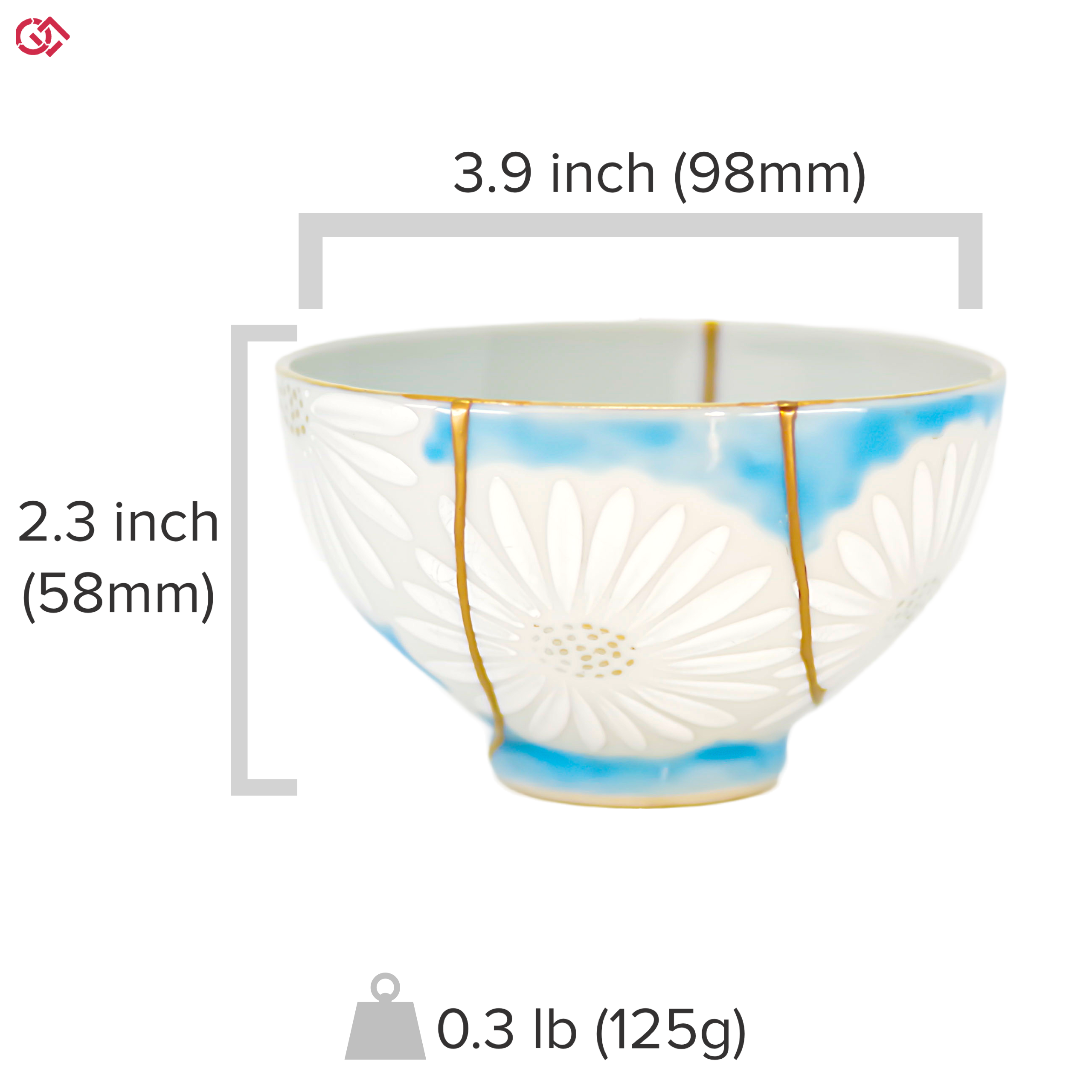 Authentic Kintsugi pottery with sizes indicated
