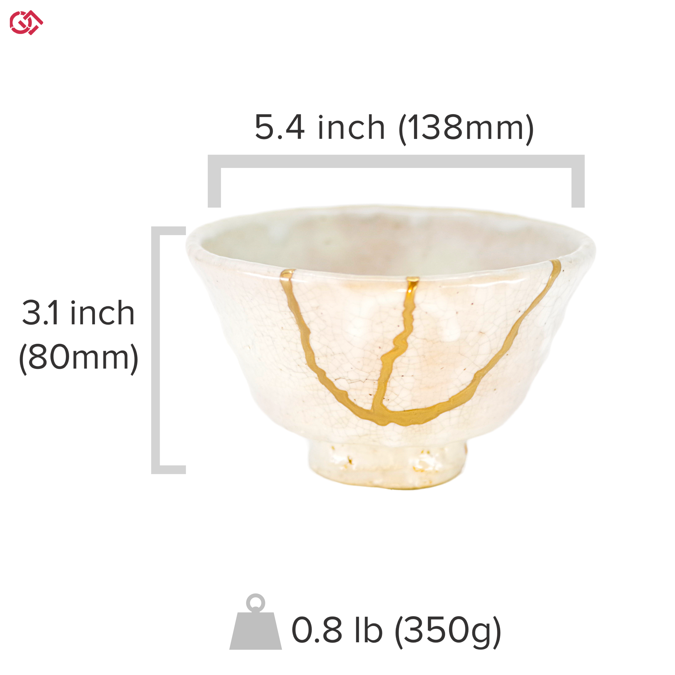 Authentic Kintsugi pottery with sizes indicated