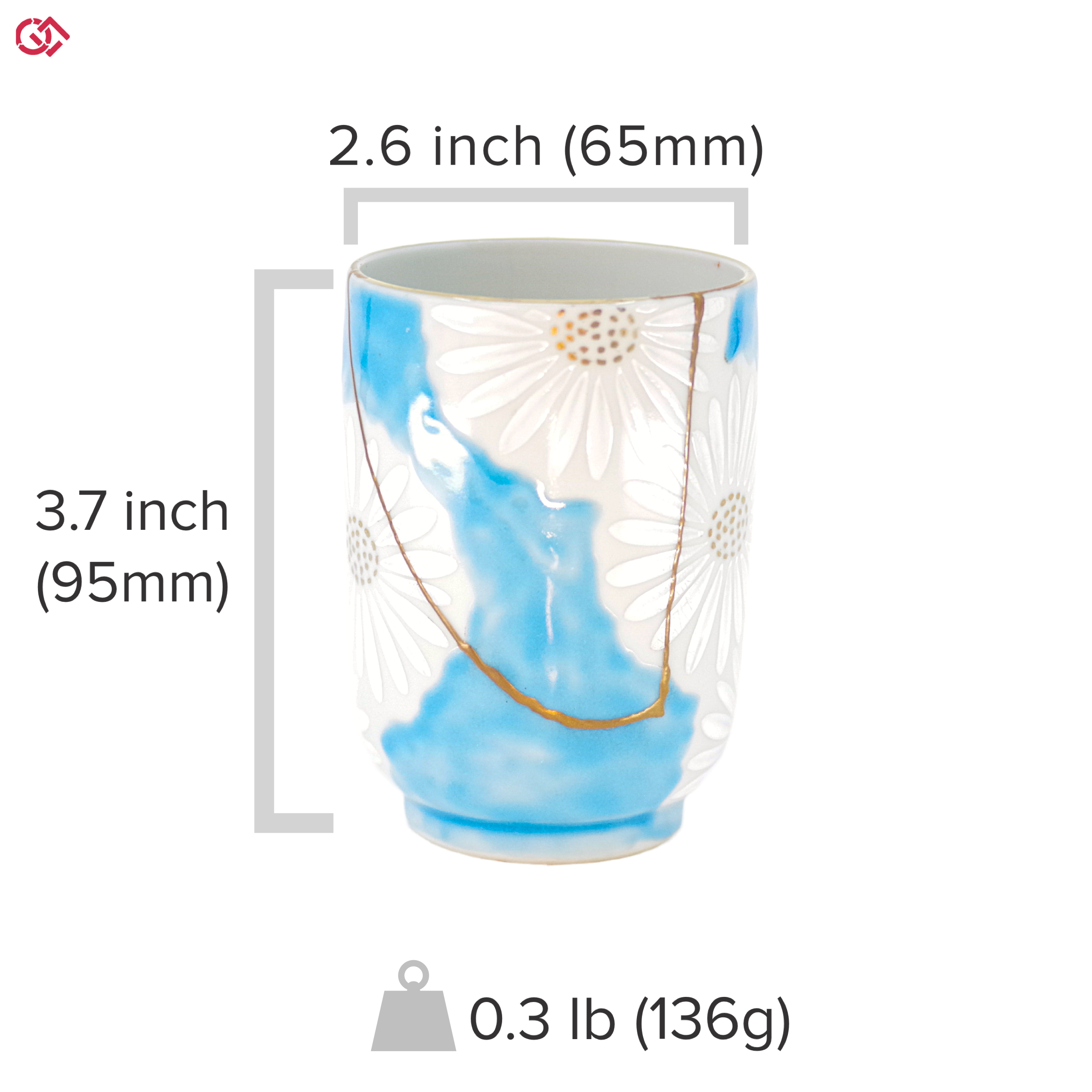 Authentic Kintsugi pottery with sizes indicated