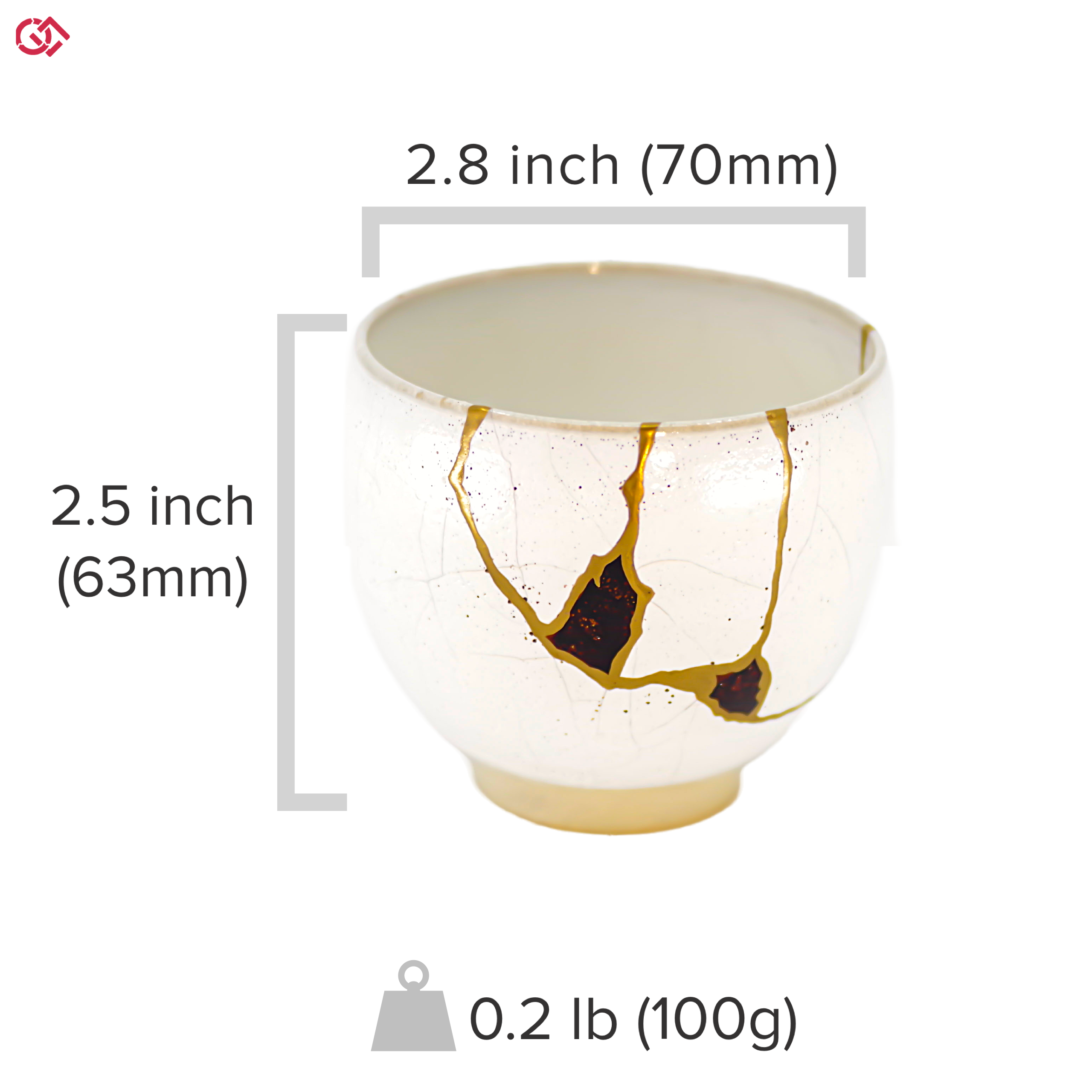 Authentic Kintsugi pottery with sizes indicated