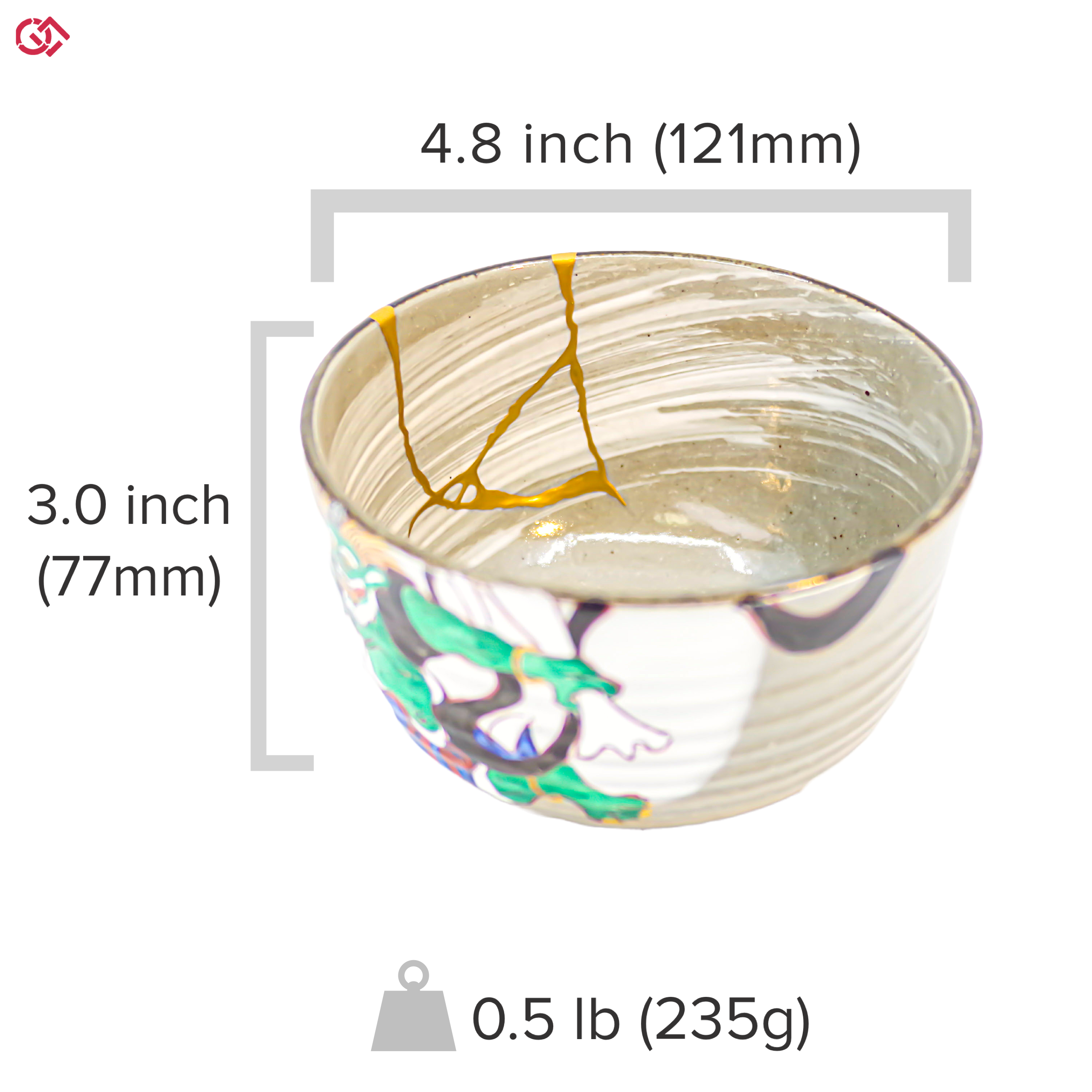 Authentic Kintsugi pottery with sizes indicated