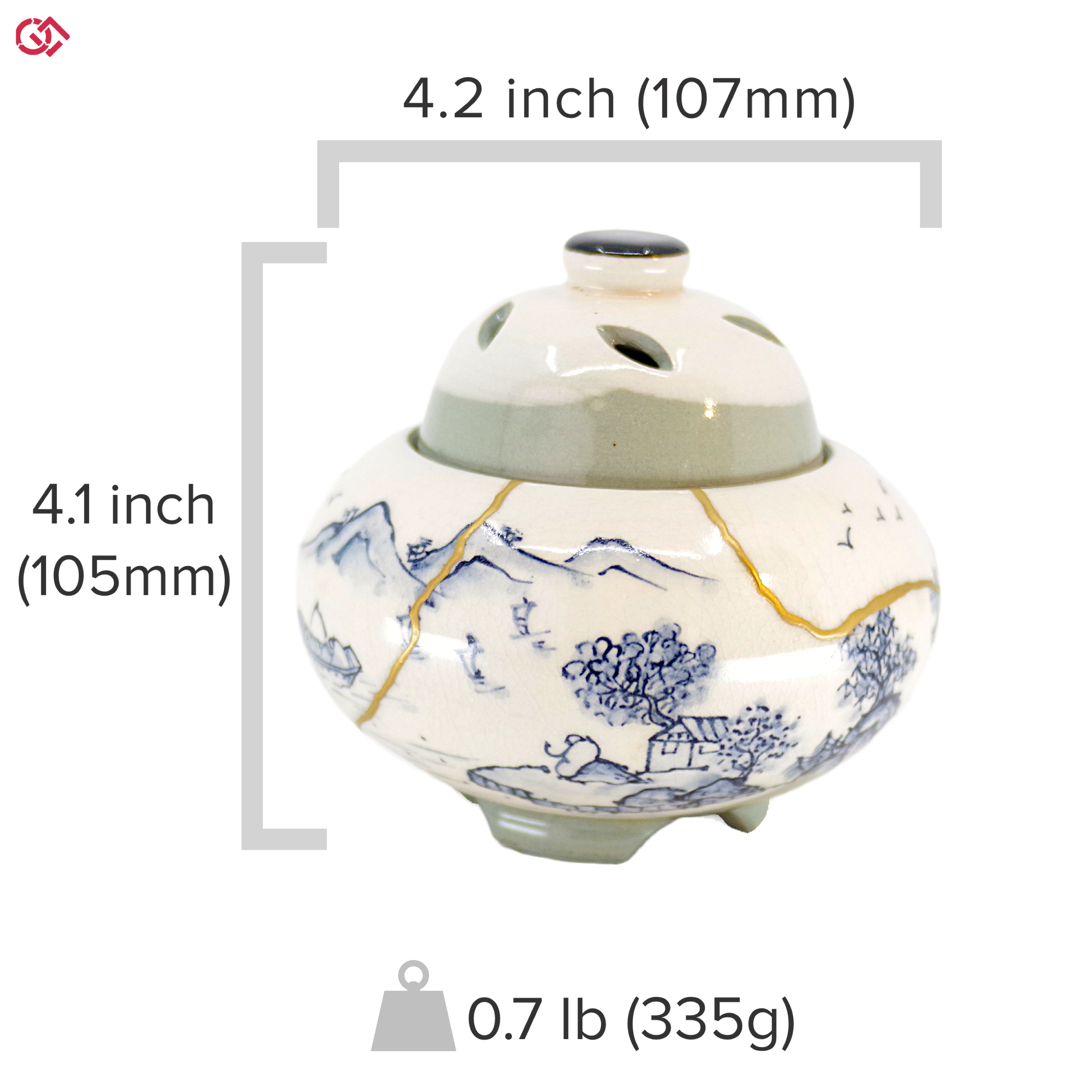 Authentic Kintsugi pottery with sizes indicated
