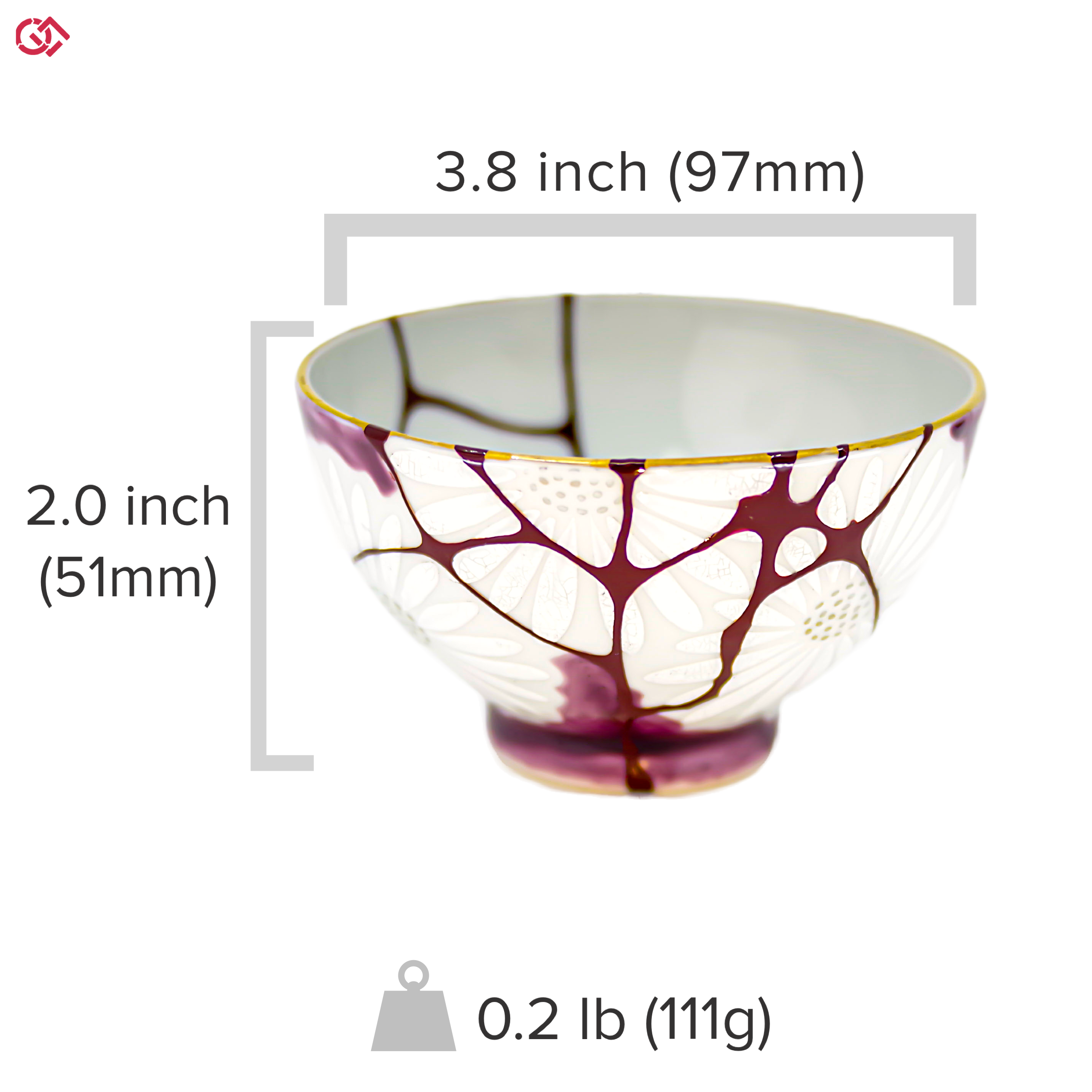 Authentic Kintsugi pottery with sizes indicated