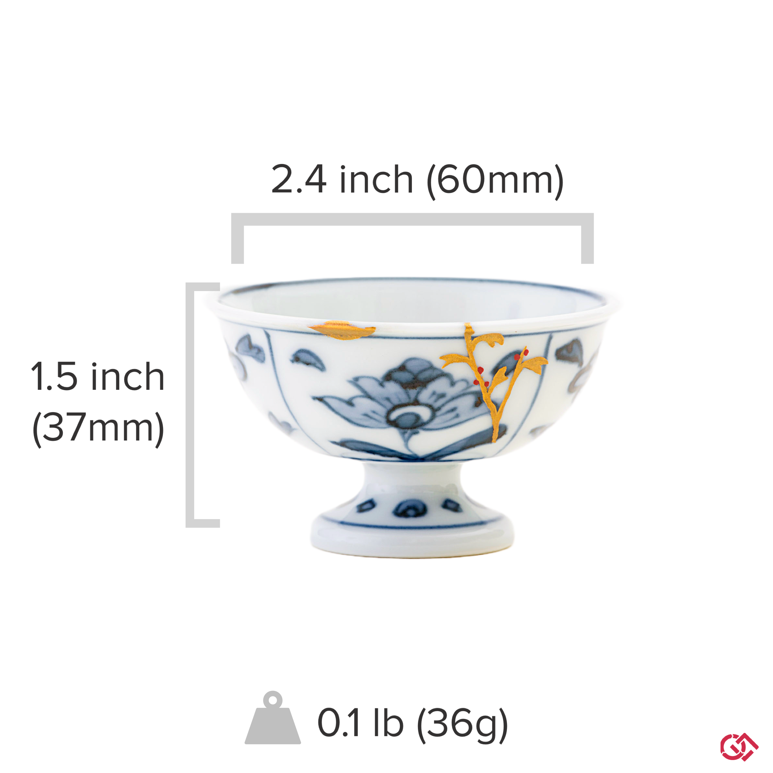 Photo of an authentic Kintsugi pottery piece with a text overlay indicating the size of the piece