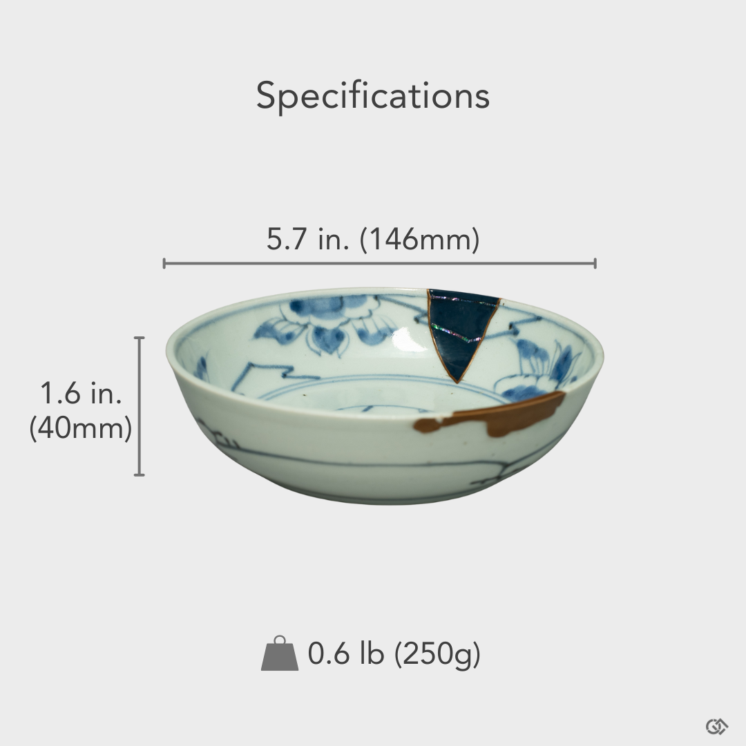 An image of the Kintsugi and Raden bowl with an overlay detailing its precise dimensions, showcasing the scale of its intricate artistry.