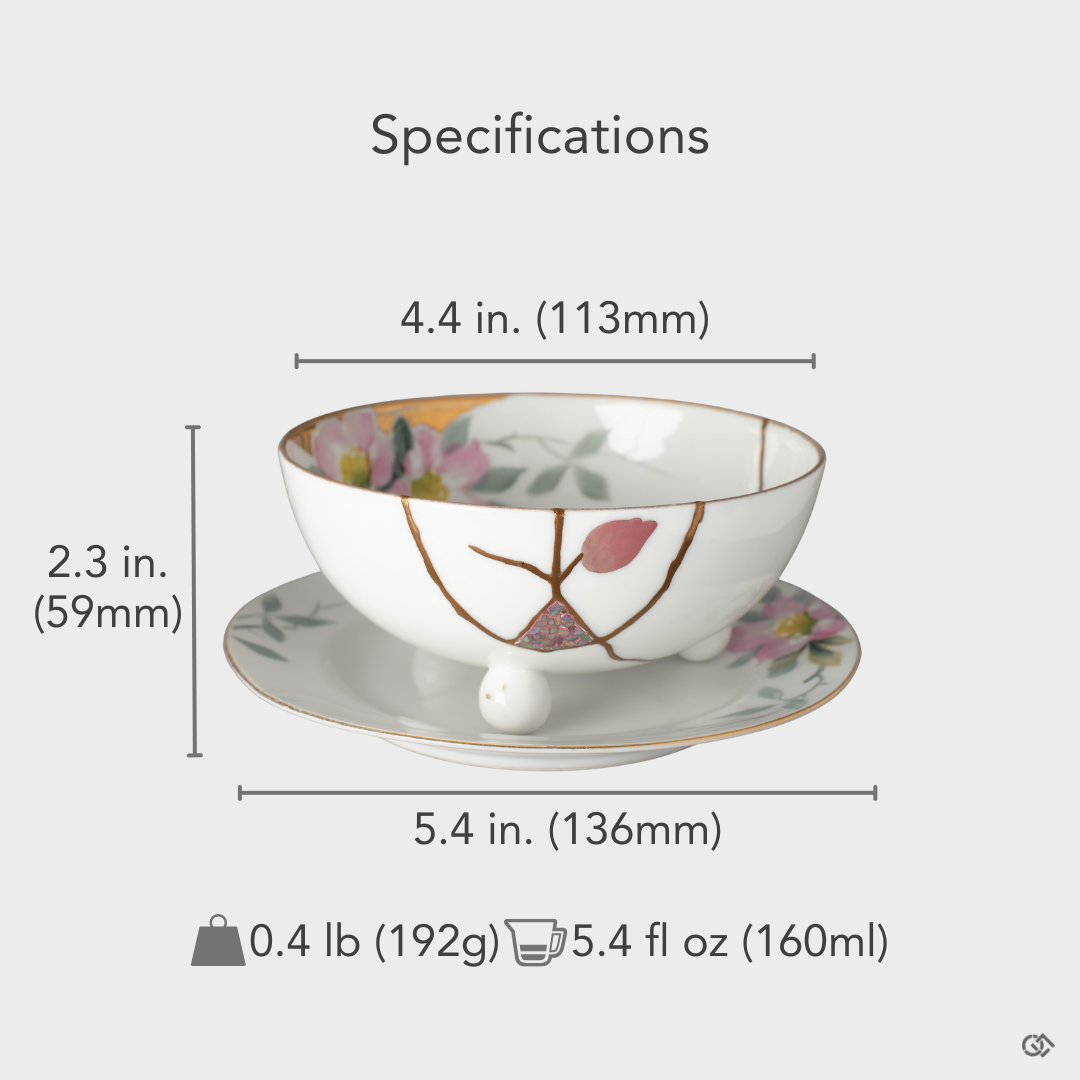 A size-reference view of the kintsugi cup and saucer, its balanced proportions a physical manifestation of philosophy in form.