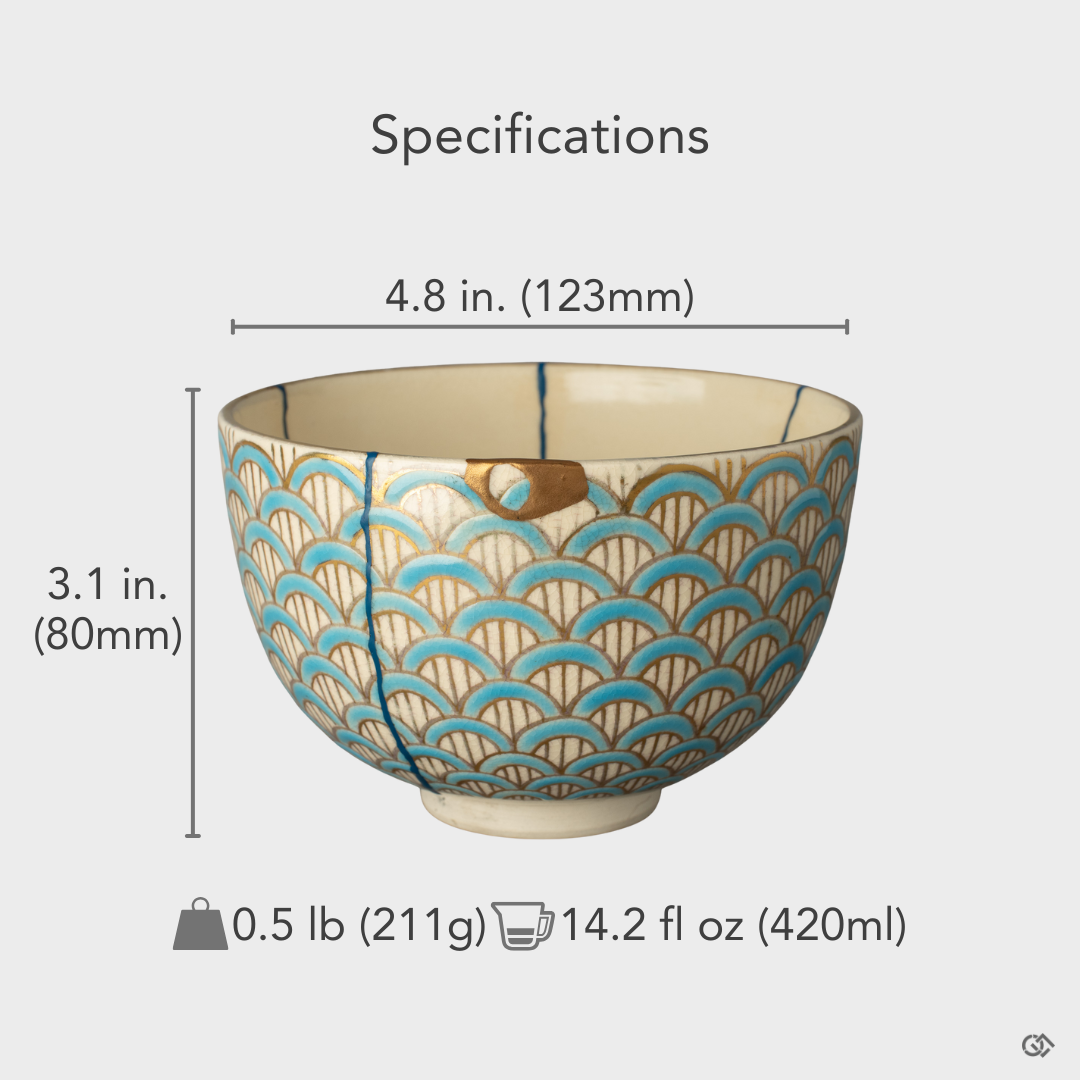 Sizing chart overlay for the authentic kintsugi matcha bowl, representing a thoughtful investment in beauty and a legacy piece of craftsmanship.
