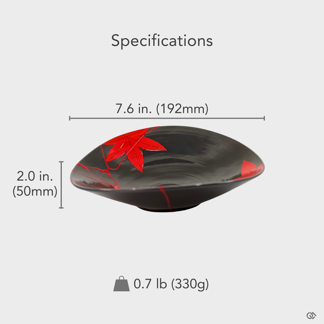 An image of the Iro-urushitsugi Arita bowl with an overlay detailing its precise dimensions and weight.