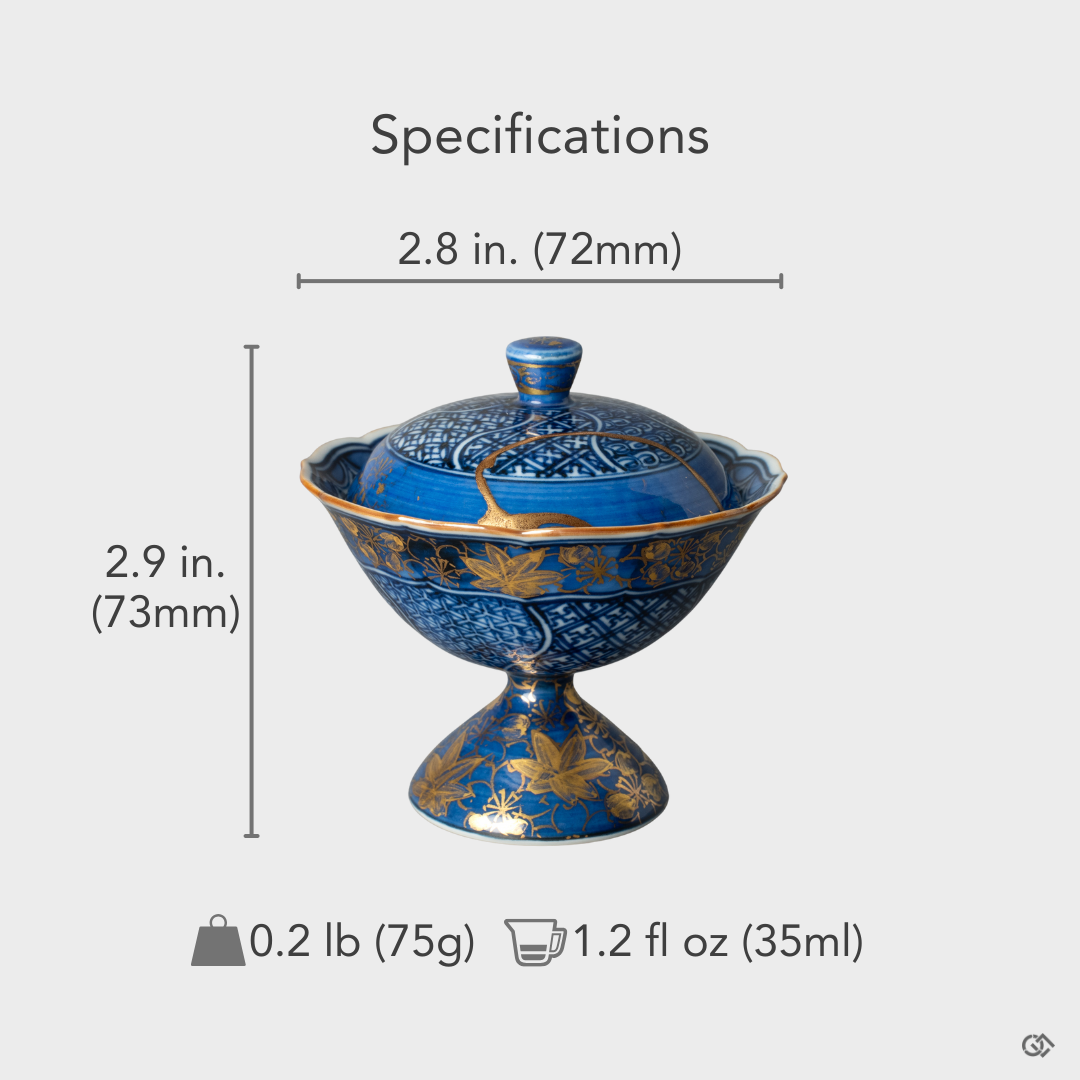 A size-reference image of the Kyoto ware kintsugi cup, showing the scale of its delicate restoration, a physical philosophy in form.