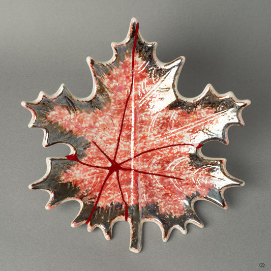 Top view of a maple-leaf-shaped Arita ware dish, its surface brought to life with a vibrant vermillion lacquer repair (Iro-Urushi Kintsugi). The sculptural form celebrates both nature and Japanese restorative artistry.