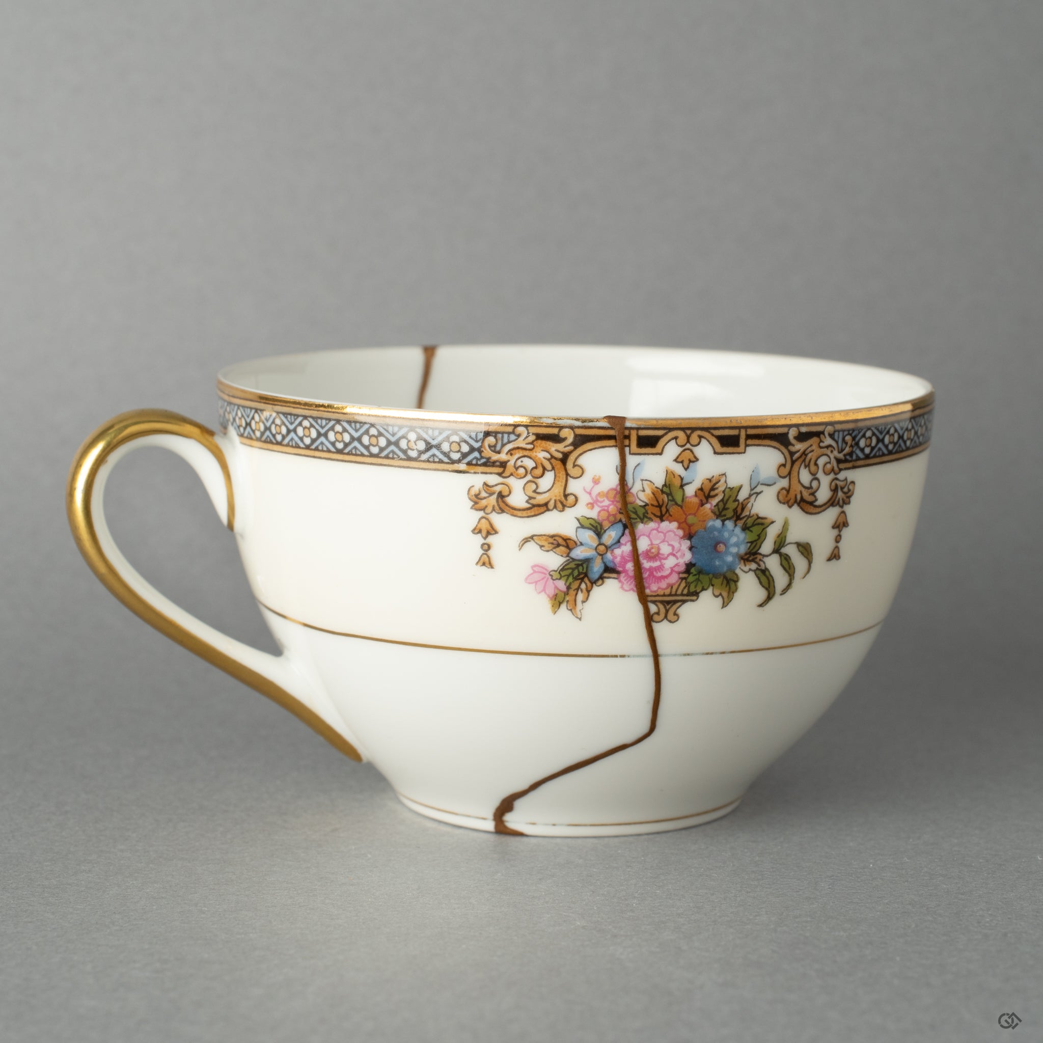 A macro close-up of the delicate 24K gold kintsugi seams, revealing a beautiful tactile history in every line, an emotional heirloom.