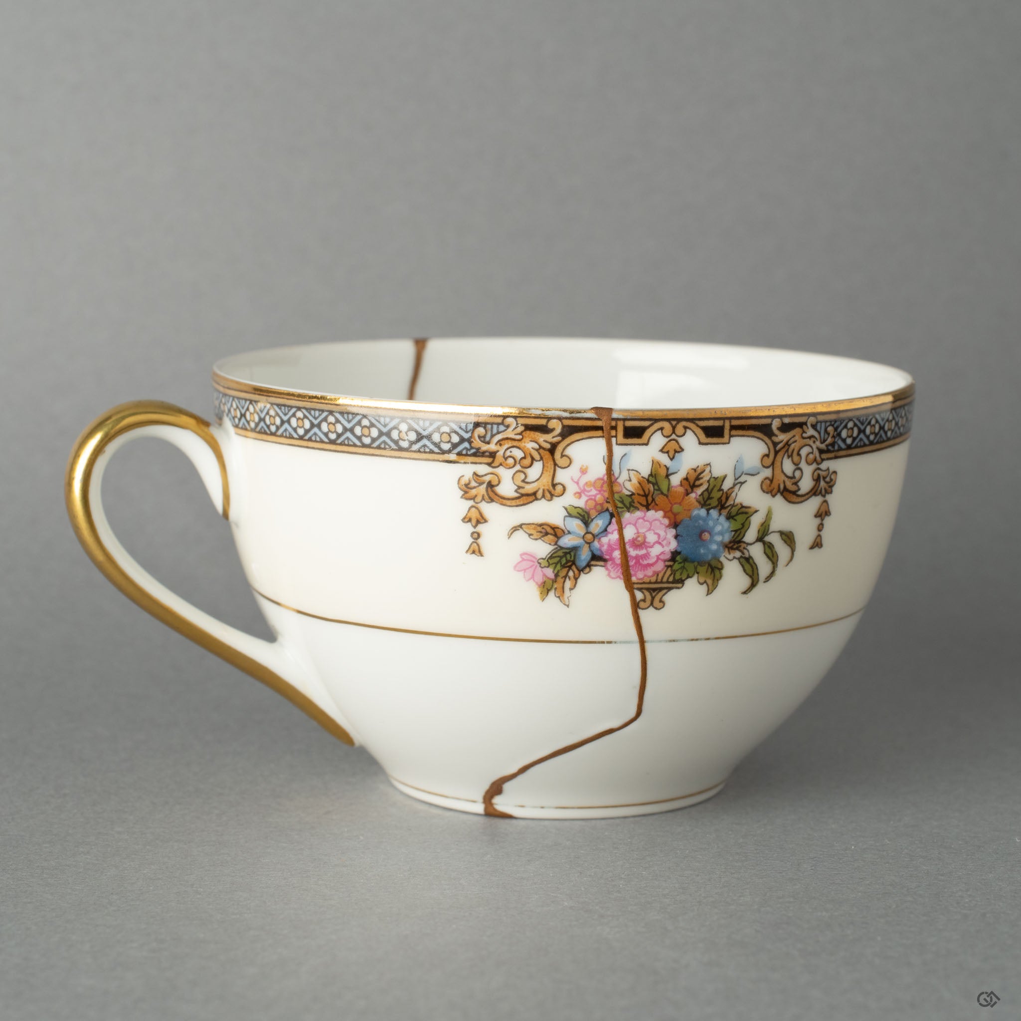 A macro close-up of the delicate 24K gold kintsugi seams, revealing a beautiful tactile history in every line, an emotional heirloom.