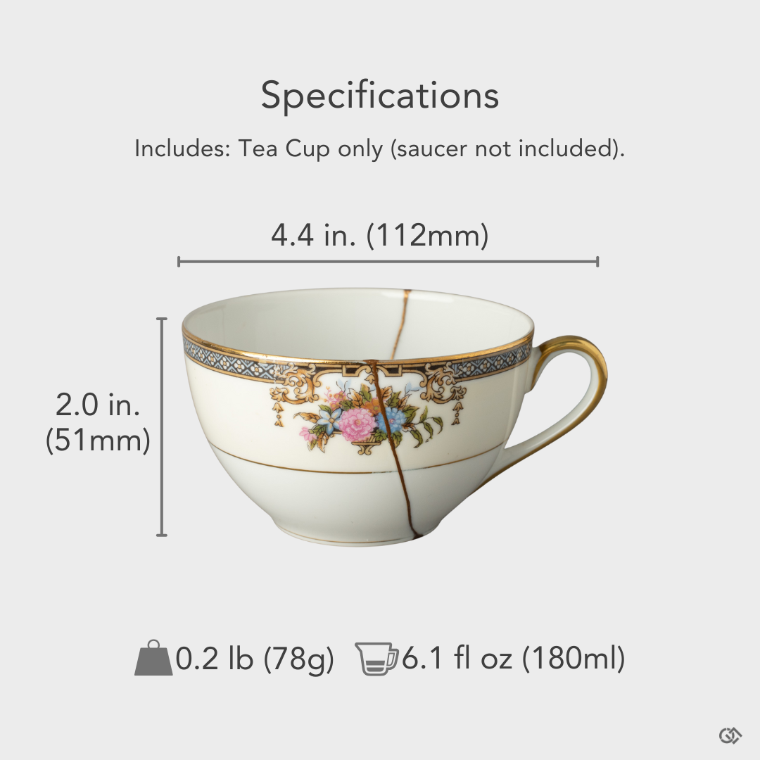 A kintsugi tea cup with a size overlay, highlighting it as a one-of-a-kind and a soulful object destined to be a collector's treasure.