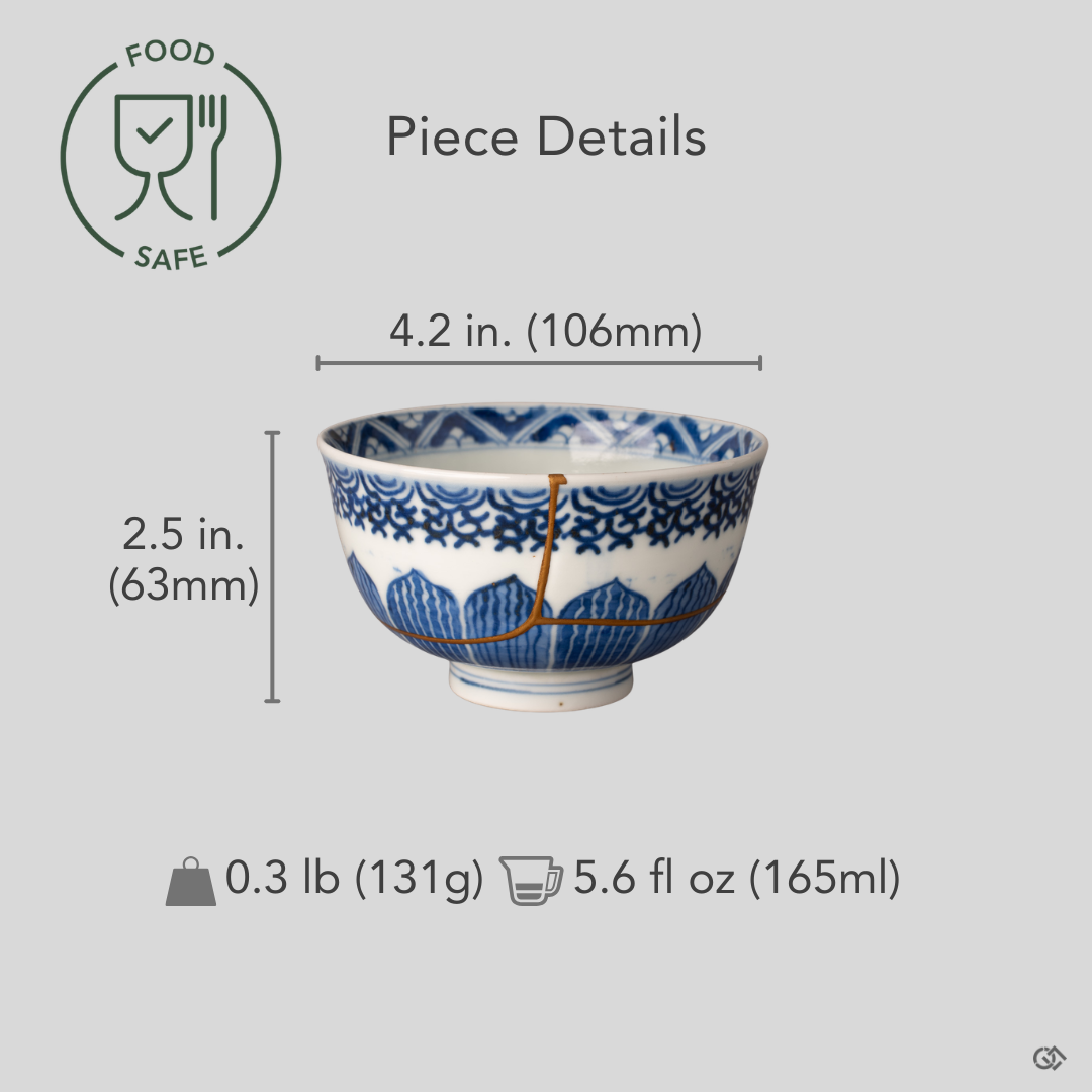 Size reference for kintsugi Ko-Imari bowl with overlay dimensions, revealing the scale of this food-safe heritage piece.