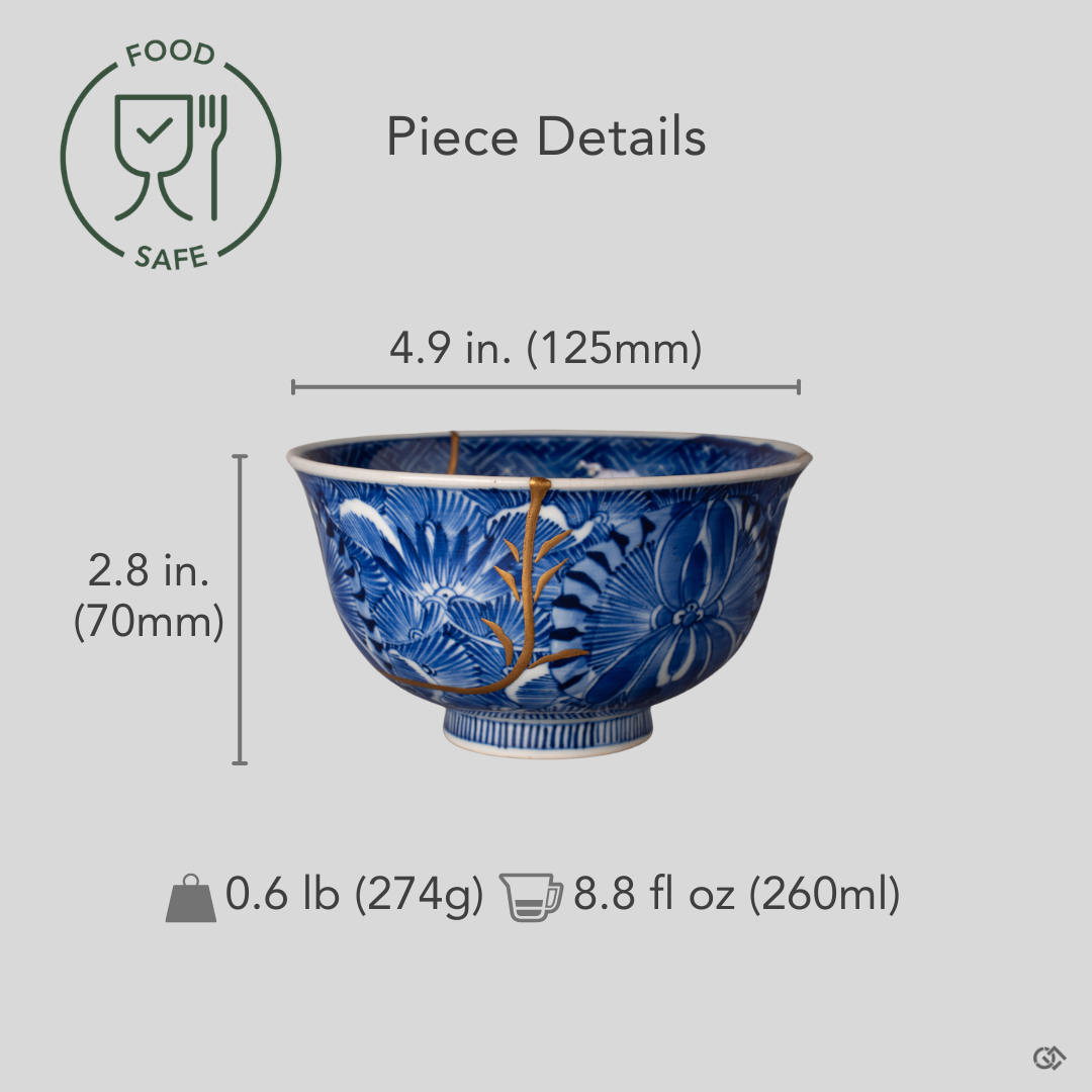 Kintsugi Ko-Imari bowl with diameter, height, and weight overlaid on front view, gold seams across sometsuke botanicals.