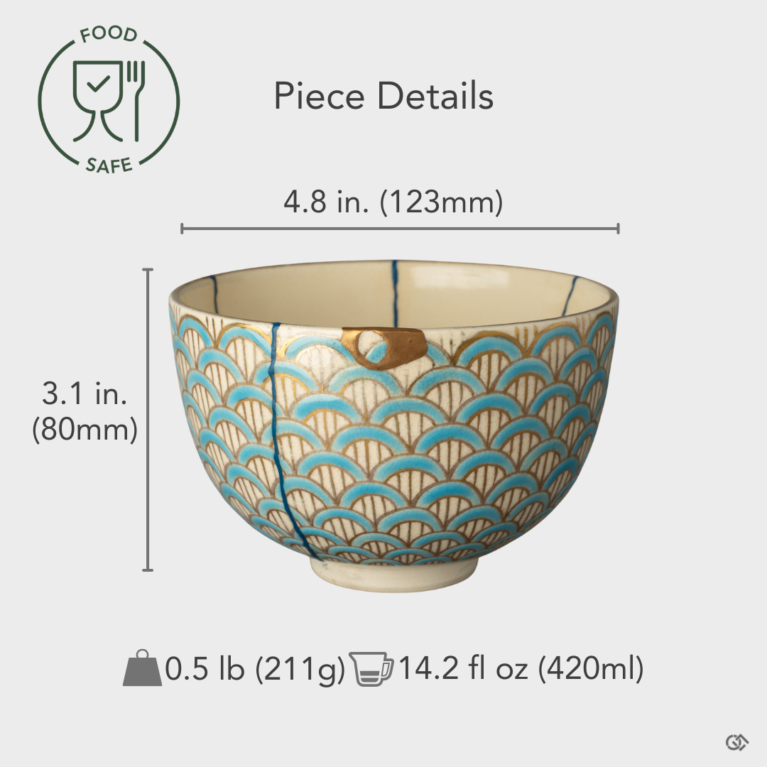 Food-safe Kyoto ware Kintsugi matcha bowl with size overlay, an authentic piece of Japanese artistry that unites wabi-sabi beauty and enduring craftsmanship.