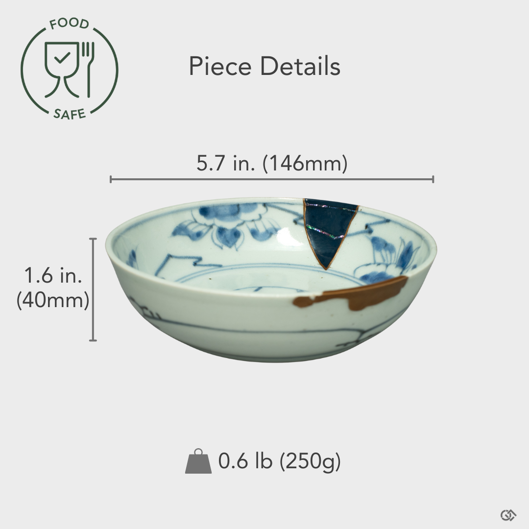 Food-safe Ko-Imari ware Kintsugi bowl with 24K gold and raden inlay, shown with a size overlay highlighting the refined craftsmanship and graceful proportions.
