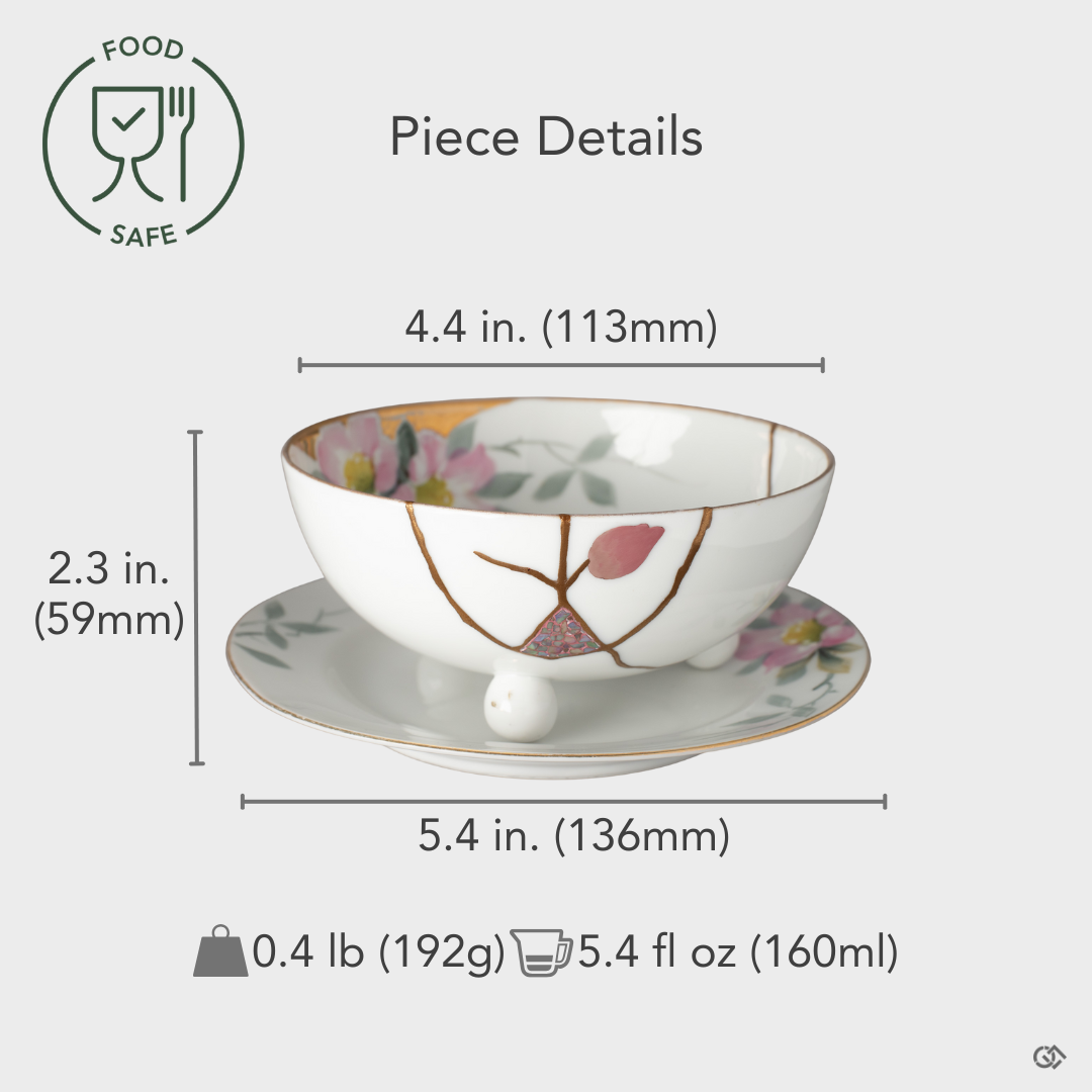Food-safe early Noritake Kintsugi cup and saucer adorned with 24K gold, urushi-e, and raden, shown with size overlay reflecting balance, beauty, and Japanese craftsmanship.