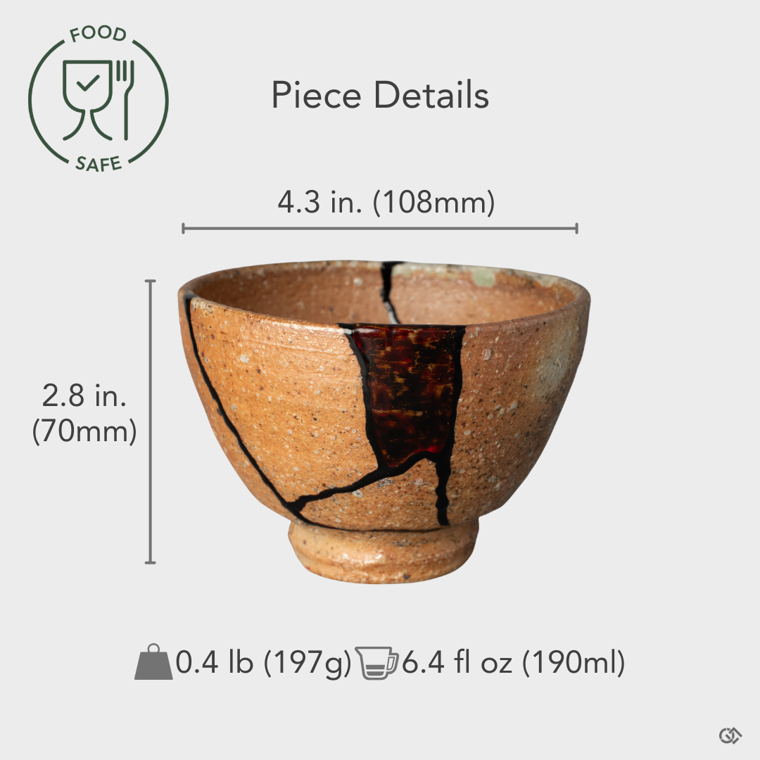 Food-safe early Noritake Kintsugi cup in mixed-media kawarinuri lacquer, shown with size overlay—an artistic vessel balancing beauty, craft, and quiet philosophy.