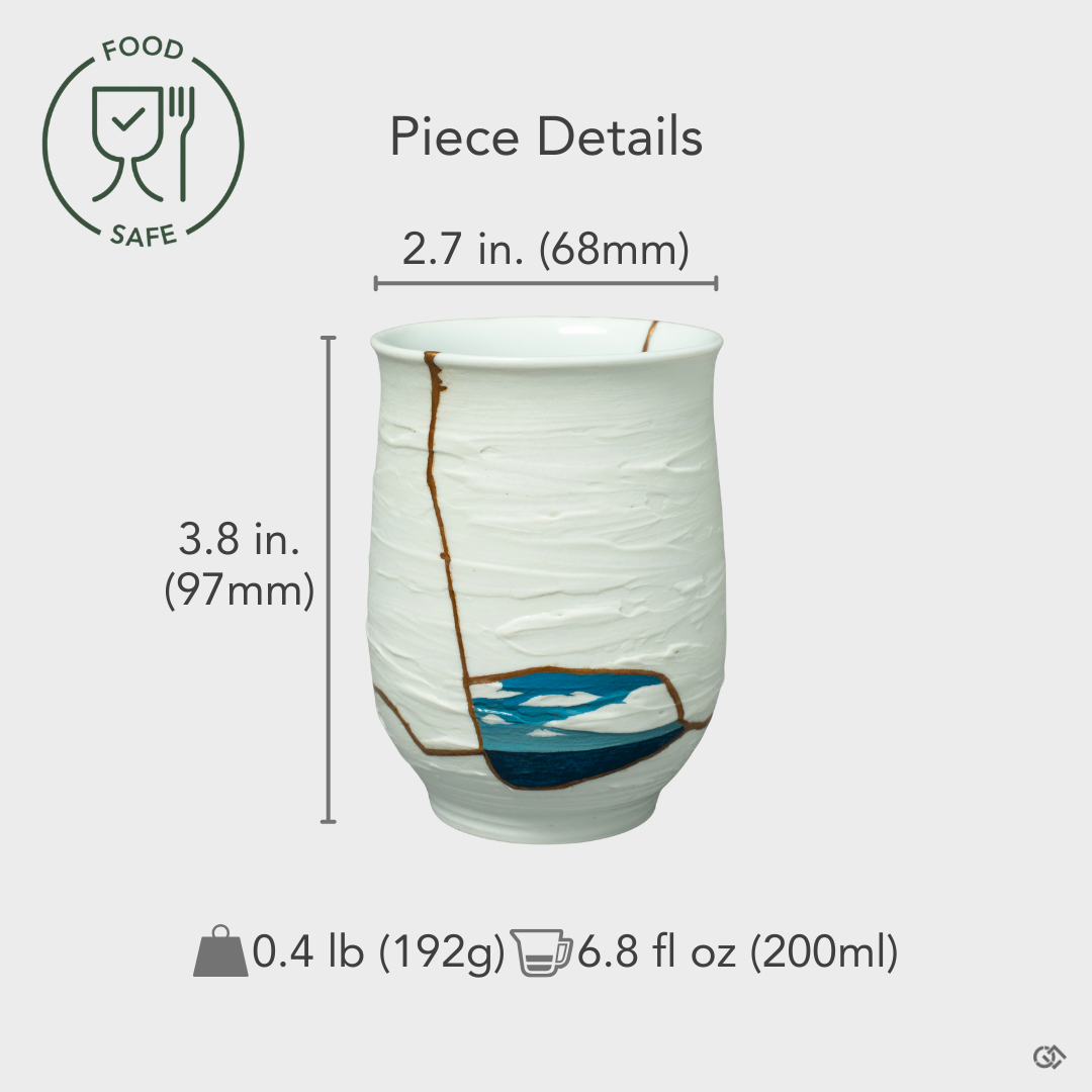 Food-safe Nabeshima ware Kintsugi cup adorned with 24K gold and urushi-e painting, shown with size overlay highlighting its refined scale and exquisite craftsmanship.