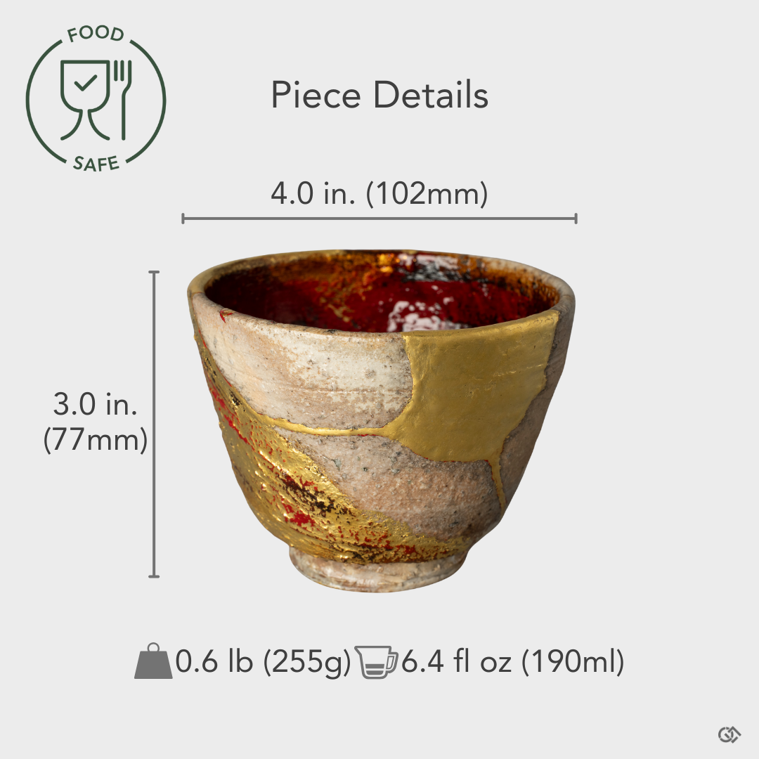 Food-safe Shigaraki ware Kintsugi cup in mixed-media finish, shown with size overlay—its serene balance embodying wabi-sabi beauty and refined Japanese craftsmanship.