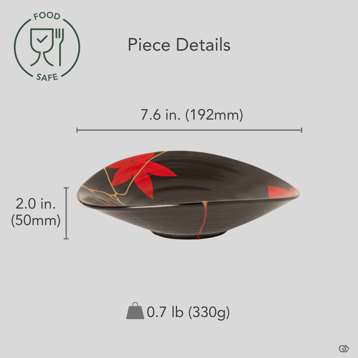 Food-safe Arita ware Kintsugi bowl featuring 24K gold on the surface and vermillion iro-urushitsugi on the reverse, shown with size and weight details for collectors.