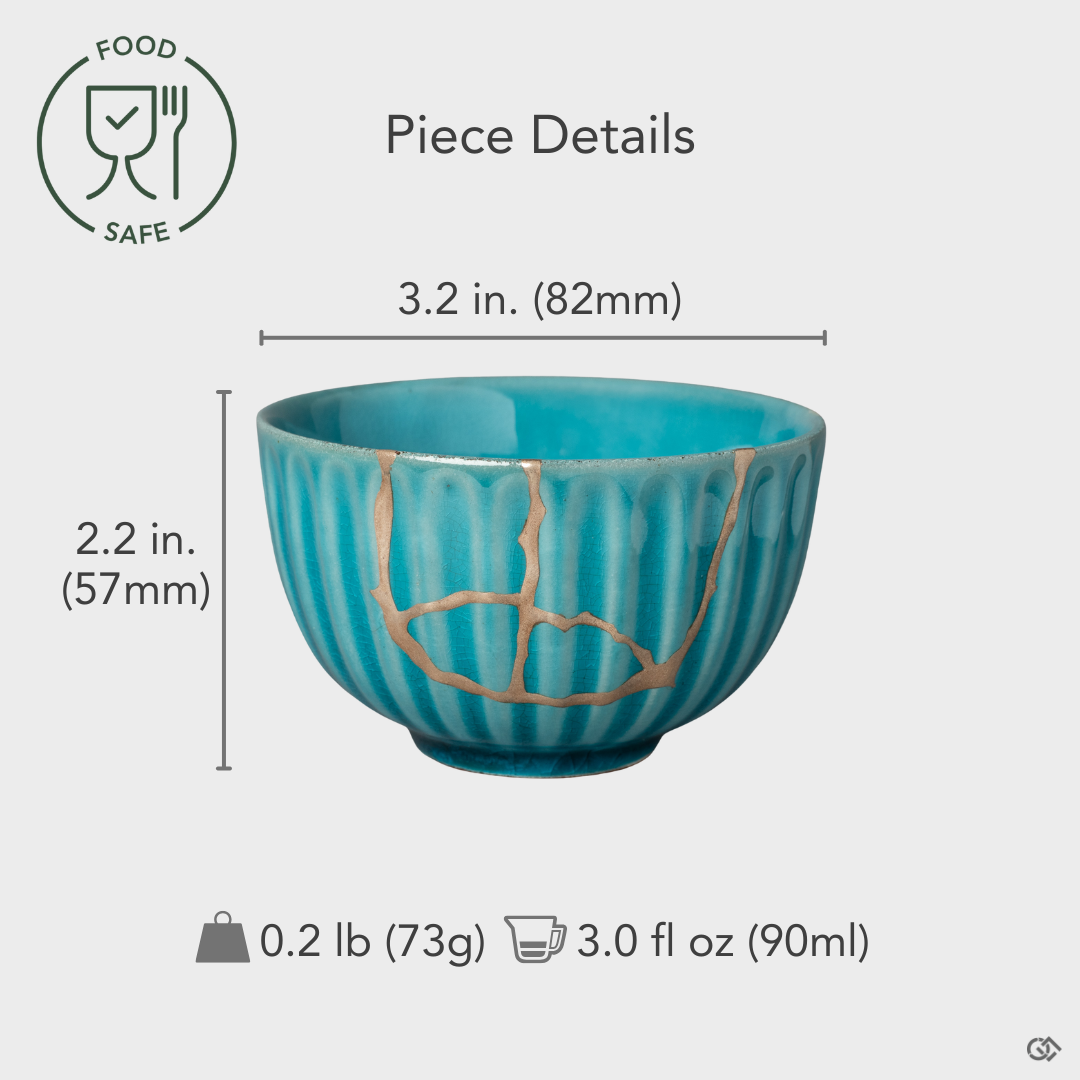 Food-safe Arita ware Kintsugi bowl with fine silver seams, shown front-facing with detailed size and weight overlay for collectors appreciating precision and craft.