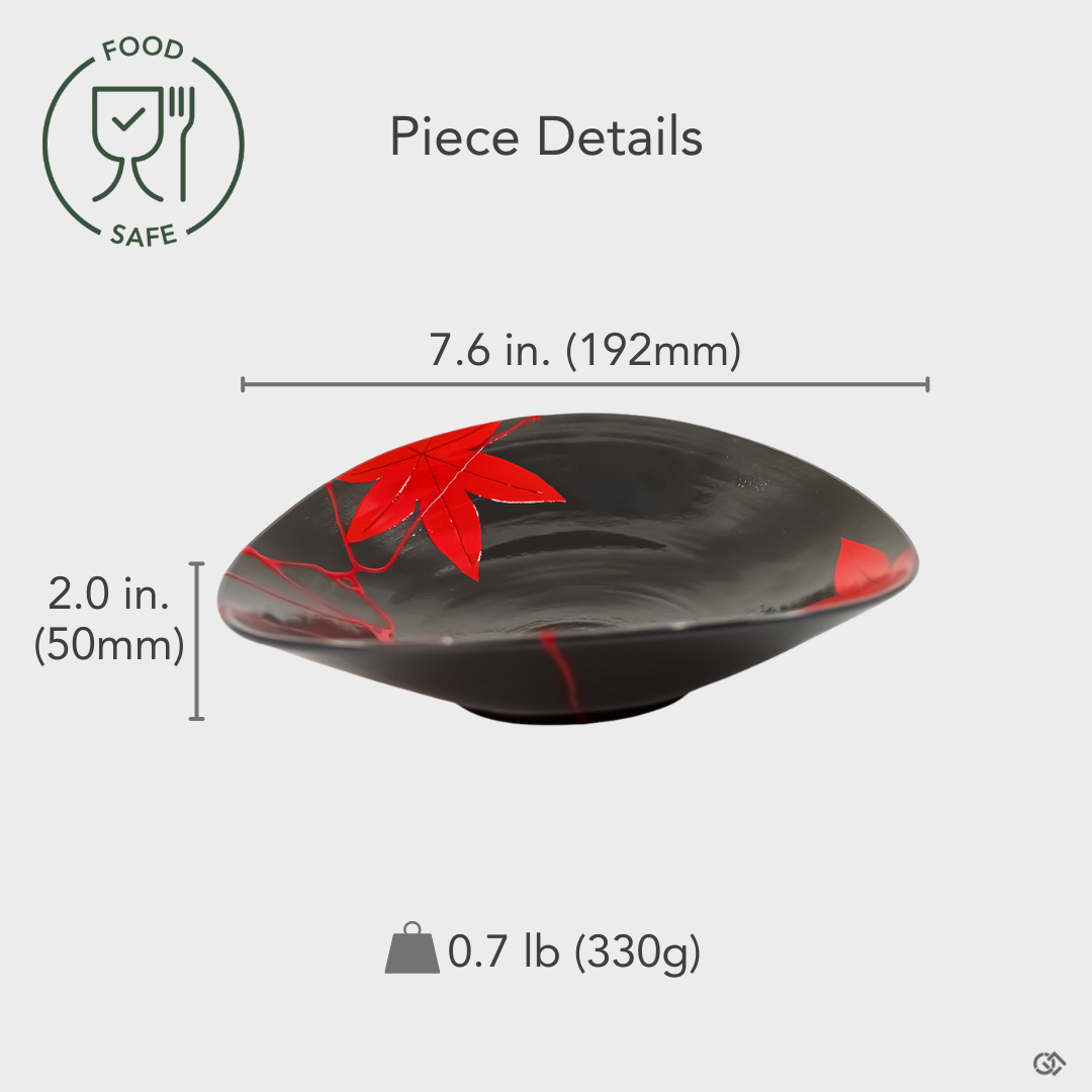 Food-safe Arita ware Kintsugi bowl finished in vermillion iro-urushitsugi lacquer, shown with an overlay of its detailed size and weight for collectors.