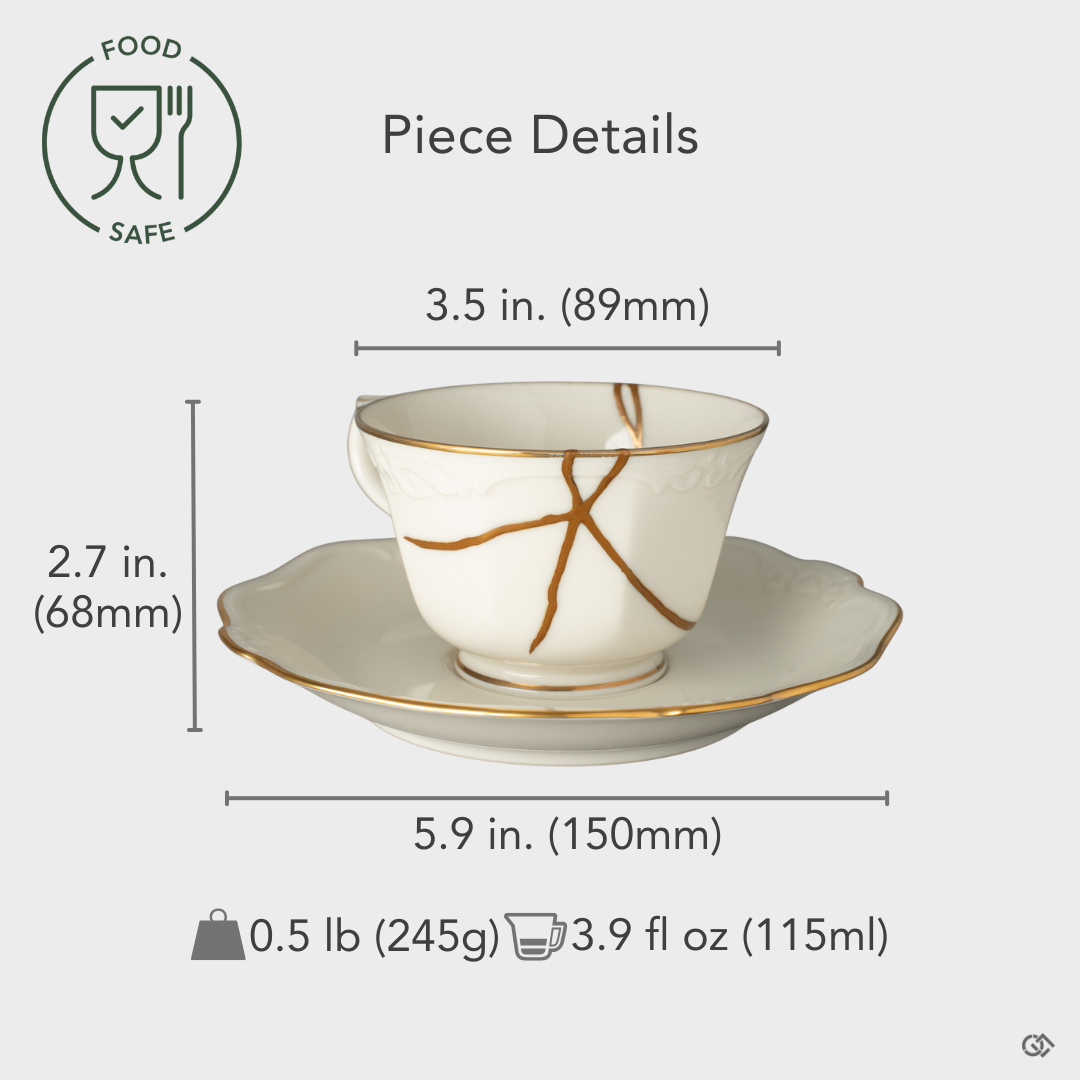 Food-safe authentic Noritake ware Kintsugi cup and saucer restored with 24K gold, shown with specifications overlay detailing its dimensions and refined craftsmanship.