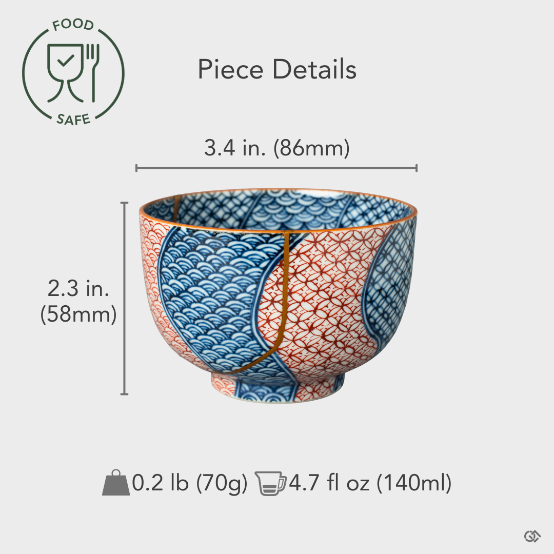 Food-safe authentic Kyoto ware tea cup restored with 24K gold Kintsugi, shown front-facing with dimension and weight overlay, reflecting refined Japanese craftsmanship.