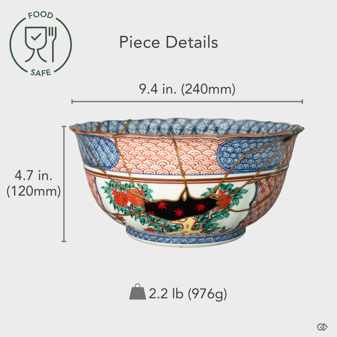 Food-safe Shonzui Kintsugi masterpiece bowl with precise annotations of height, diameter, and weight—showcasing refined proportions and exceptional Japanese craftsmanship.