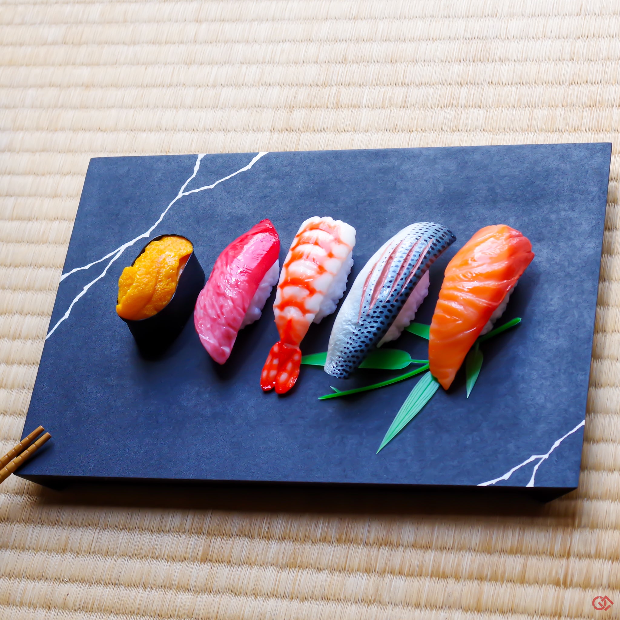 Elegant wooden urushi plate with silver kintsugi-style lines, styled in a traditional Japanese interior to evoke wabi-sabi charm.