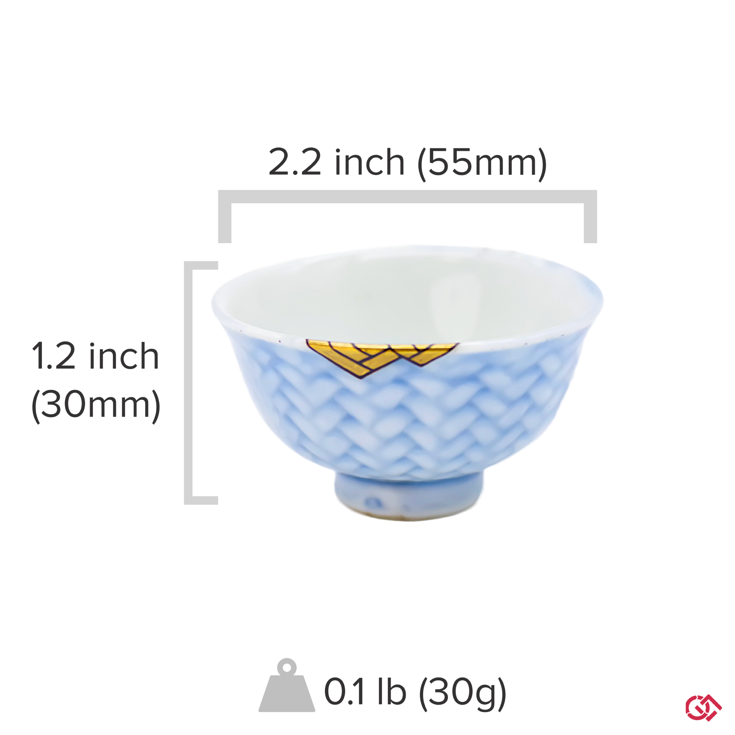 Photo of an authentic Kintsugi pottery piece with a text overlay indicating the size of the piece