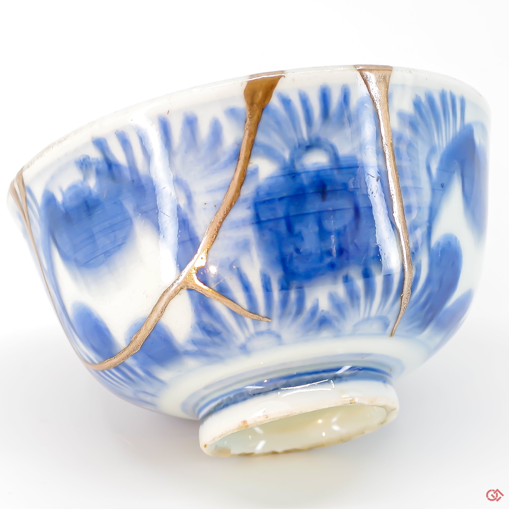 A close-up photo of an authentic Kintsugi pottery piece, showing the detail of its repairs and artisty. craftsmanship.